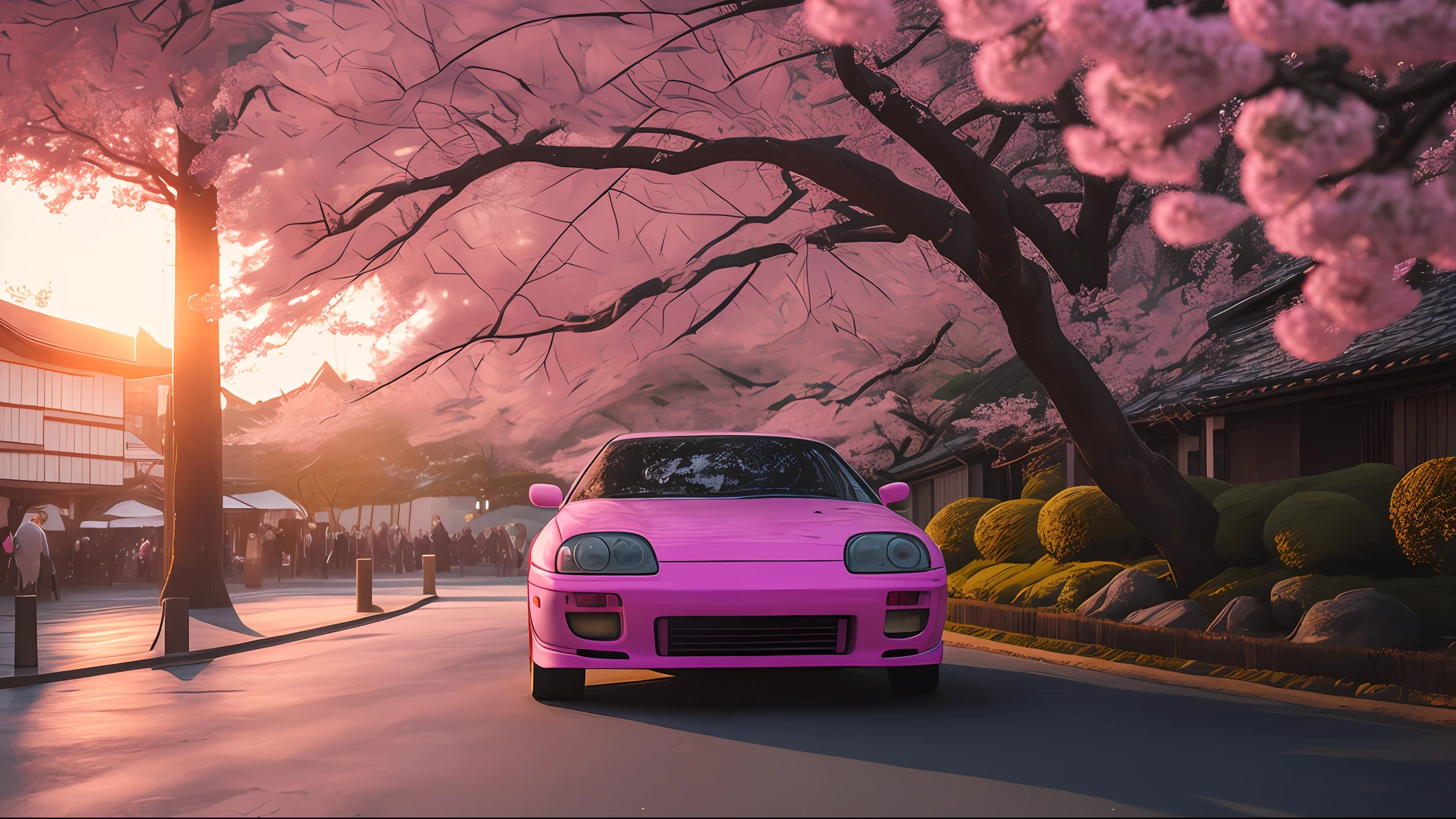 side photo of pink mk4Supra under cherry blossom trees in kyoto at sunset with cobblestone street covered in cherry blossom petals, high quality photo, lens flare, bokeh, 8k resolution, gobo lights, warm ambient light, volumetric light, neon lights, depth of field, analog, foggy atmosphere,  lens flares, light bloom, portra 800 film,