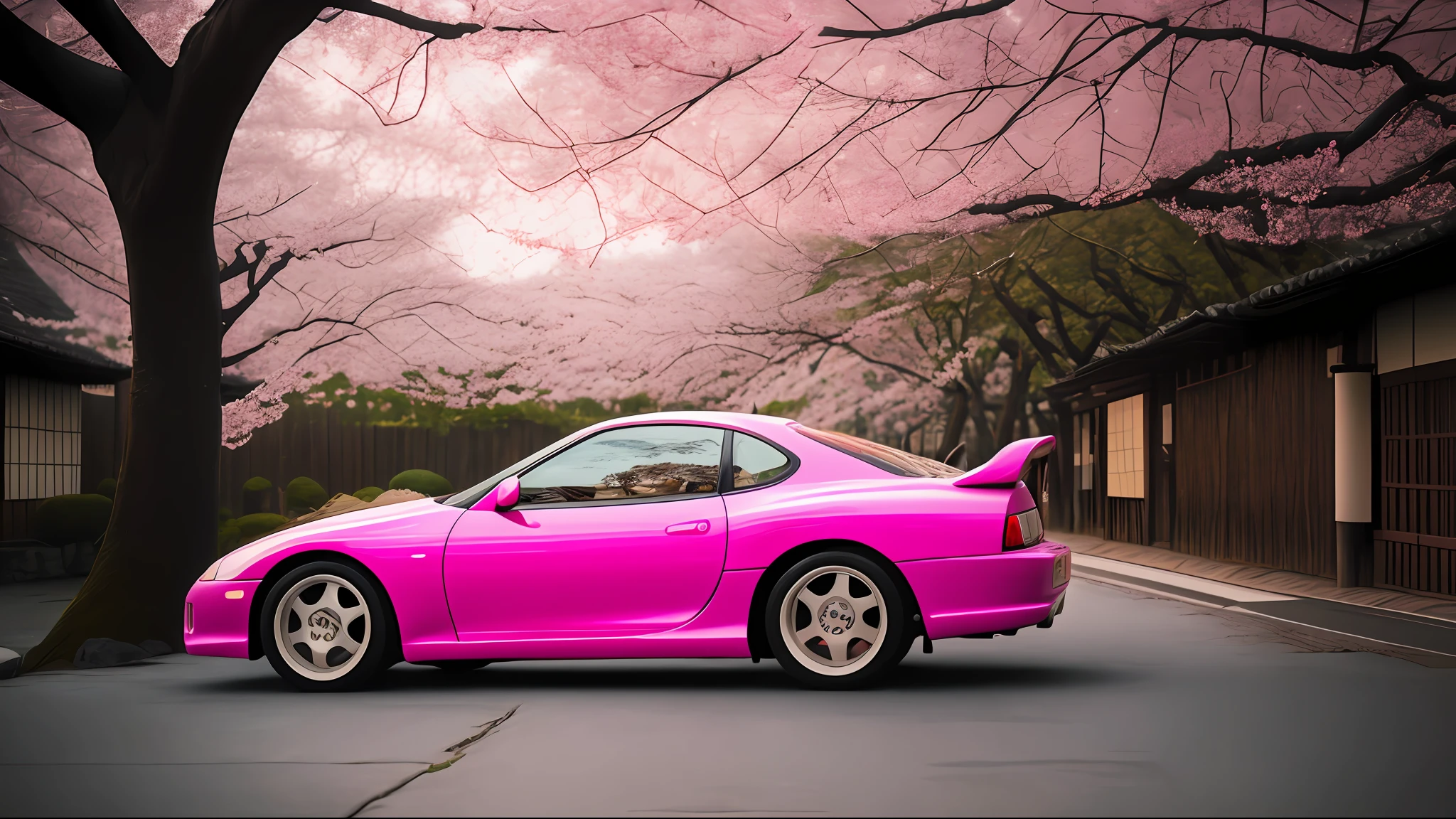 side photo of pink mk4Supra under cherry blossom trees in kyoto at sunset with cobblestone street covered in cherry blossom petals, high quality photo, lens flare, bokeh, 8k resolution, gobo lights, warm ambient light, volumetric light, neon lights, depth of field, analog, foggy atmosphere,  lens flares, light bloom, portra 800 film,