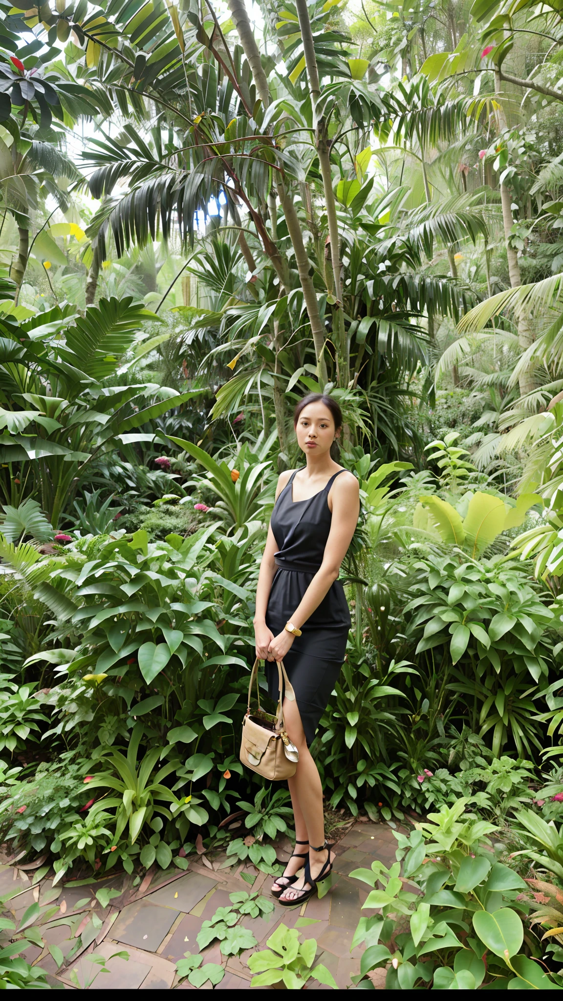there is a woman standing in a garden with a bag, in garden, standing in a botanical garden, in the garden, in jungle, in a jungle, in a tropical forest, in a garden, in the jungle, in a jungle environment, wearing a tight black dress, on a sunny day, she is wearing a black dress, wearing a black dress