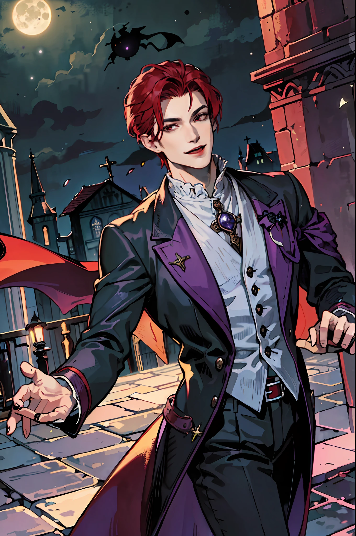 This is what a real Vampire looks like! Antique vampire clothes, elegant, gentlemanly. He is smiling friendly, his red hair is vivid, his red eyes shine against his perfect skin. In the background a purple church window, with moonlight reflecting behind. All this is in a beautiful and dark light, which makes it look amazing。 (High quality: 1.2, Church at night: 1.5, Antique Vampire Clothing: 1.4) (((At night))) (Provocative light, mysterious darkness) (((Violet Moon))) Defined Face) Perfect Hands)