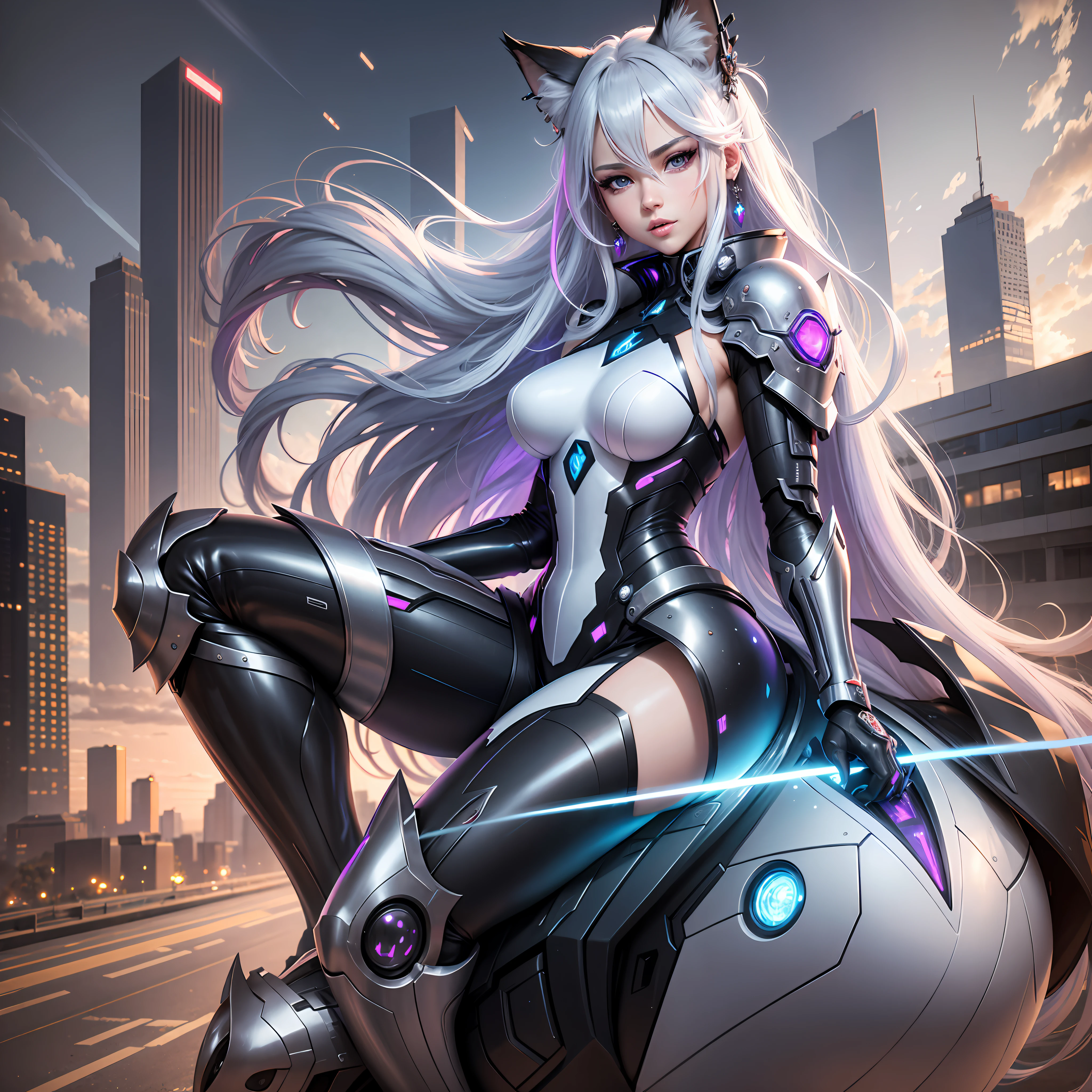 Life like sexy anime cyborg cat girl with long white hair and blue eyes, full body portrait, white and black battle dress, life like characteristics,ultra realism, Soft smile, riding a mystical black dragon,apocalyptic background, naughty pose, hyper realistic, 3 d anime realistic, advanced digital anime art,extremely detailed art germ, 8k high quality detailed art, solo,full body portrait, amazing beauty,, dynamic pose, delicate face, vibrant eyes, (from the front), silver hair, streaked hair, very long hair, expressive hair, multicolored eyes, aqua eyes, purple eyes, fox ears,heart earrings, earrings, light smile, shy, blush, parted lips, licking lips, heavy breathing, naughty face, naughty, sparkle, god rays, super detail, high quality, anatomically correct, textured skin, best quality,full body portrait,silver wolf,seen from below,guweiz on artstation pixiv, resolution 4098x2160, 8k --auto --s2
