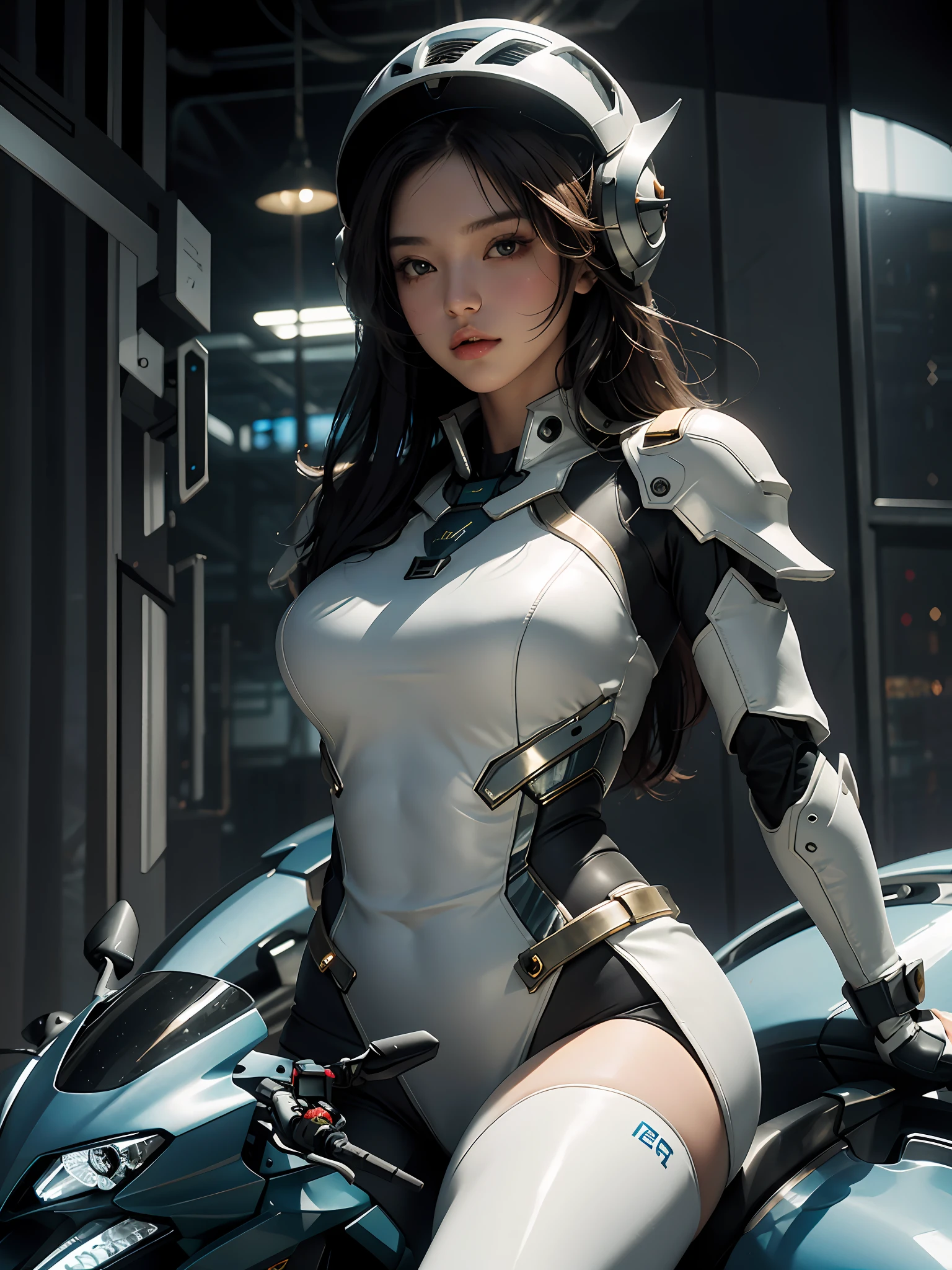 Highest image quality, outstanding details, super high resolution, (fidelity: 1.4), the best illustration, favor details, highly cohesive, 1girl, with a delicate and beautiful face, plump chest, sexy body, dressed in a gorgeous mecha, wearing a mecha helmet, holding a direction controller, riding on a motorcycle, the background is a high-tech lighting scene of the future city.