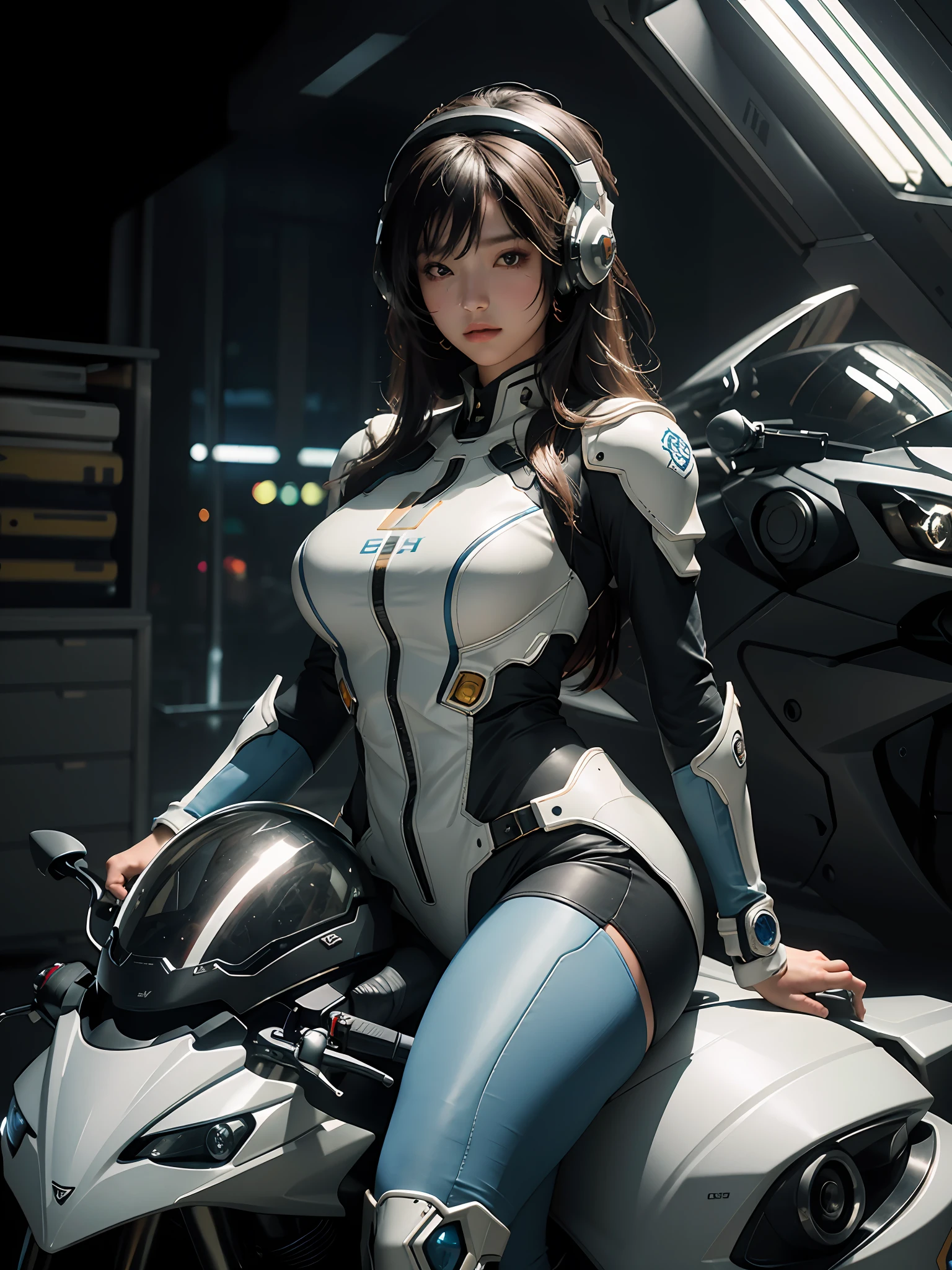 Highest image quality, outstanding details, super high resolution, (fidelity: 1.4), the best illustration, favor details, highly cohesive, 1girl, with a delicate and beautiful face, plump chest, sexy body, dressed in a gorgeous mecha, wearing a mecha helmet, holding a direction controller, riding on a motorcycle, the background is a high-tech lighting scene of the future city.