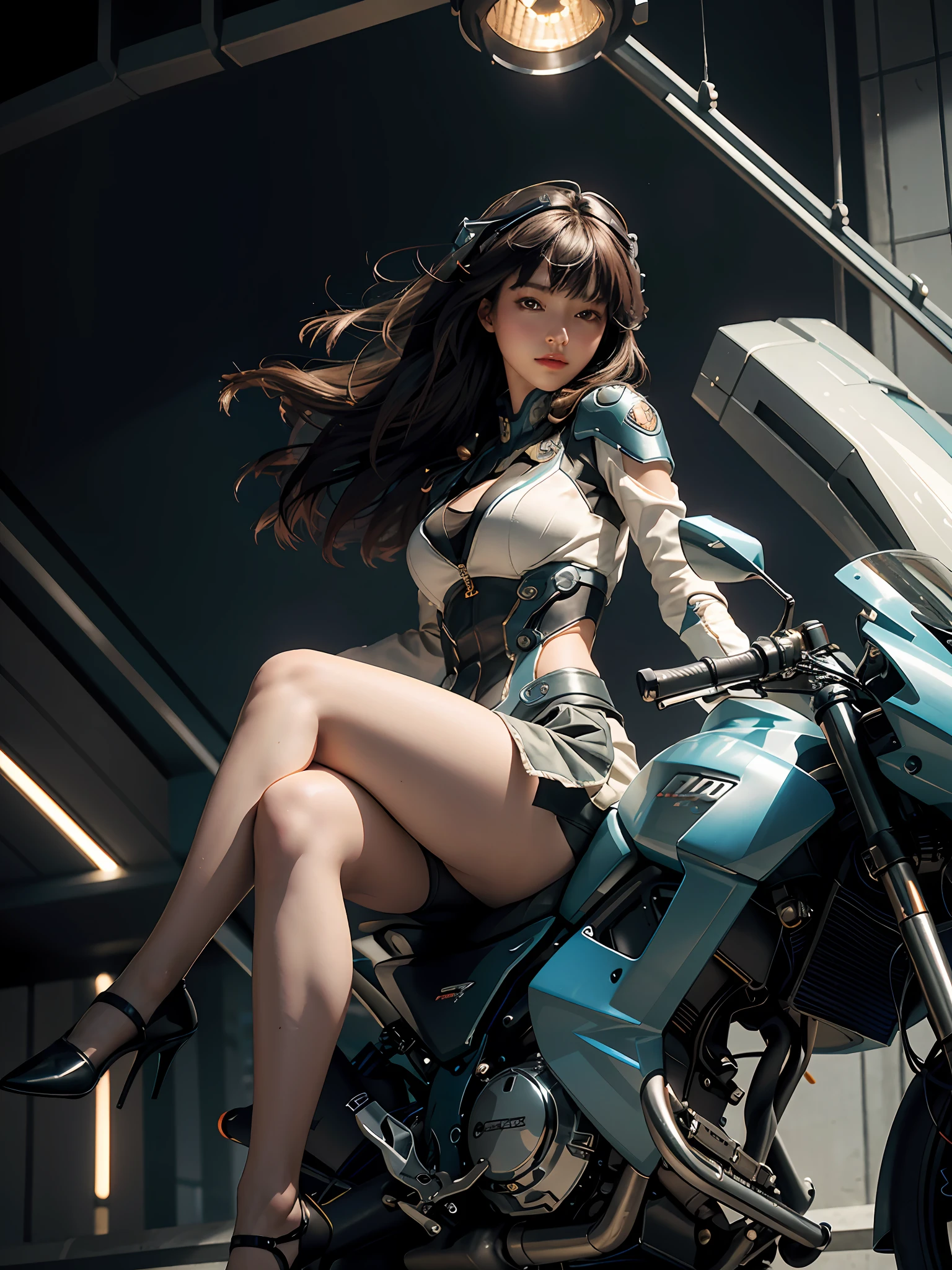 Highest image quality, outstanding details, super high resolution, (fidelity: 1.4), the best illustration, favor details, highly cohesive, 1girl, with a delicate and beautiful face, plump chest, sexy body, dressed in a gorgeous mecha, wearing a mecha helmet, holding a direction controller, riding on a motorcycle, the background is a high-tech lighting scene of the future city.