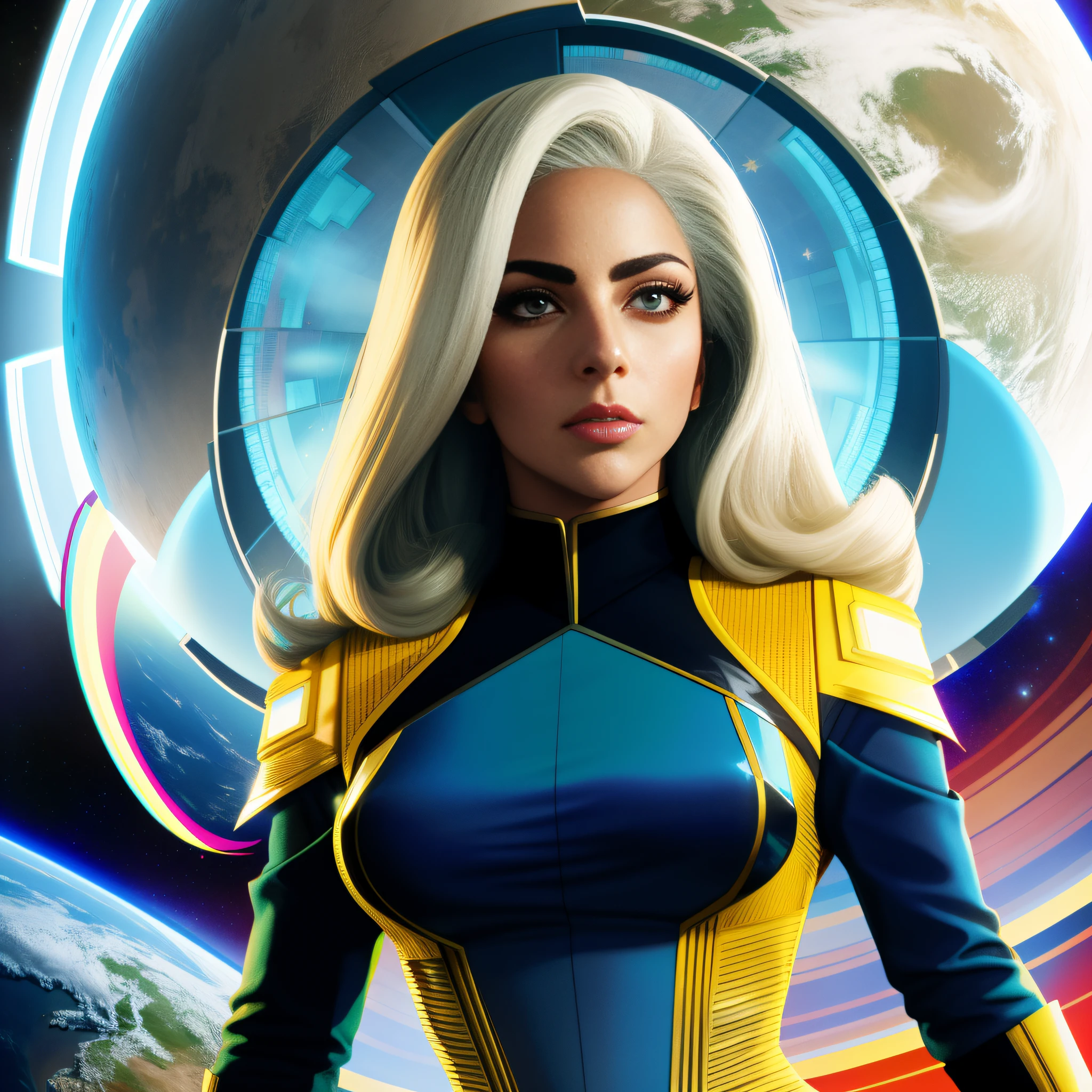 Lady Gaga, Star Trek style commander, background overlooking planet earth, clear futuristic environment, add symbol Star Trek in clothes