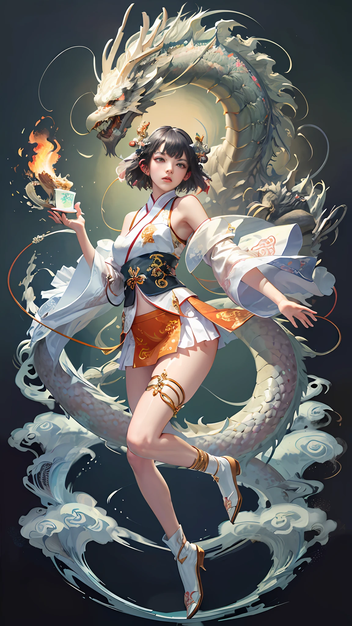 Official Art, Unified 8K Wallpapers, Ultra Detailed, Beautiful and Aesthetic, Masterpiece, Best Quality, (Zentangle, Tangle, Entangle), (fractal art: 1.4), 1girl, black hair, Chinese, bare shoulders, short skirt, calf, navel, very detailed, dynamic angle, cowboyshot, (most beautiful form chaos), flowing, (bright colors), oc, (half: 1.2), china, (thangka flying sky: 1.5), (ribbon: 1.3), (dream: 1.5), (hanfu: 1.5), cute dragon, Chinese phoenix, (angry: 0.5), (japanese deity),