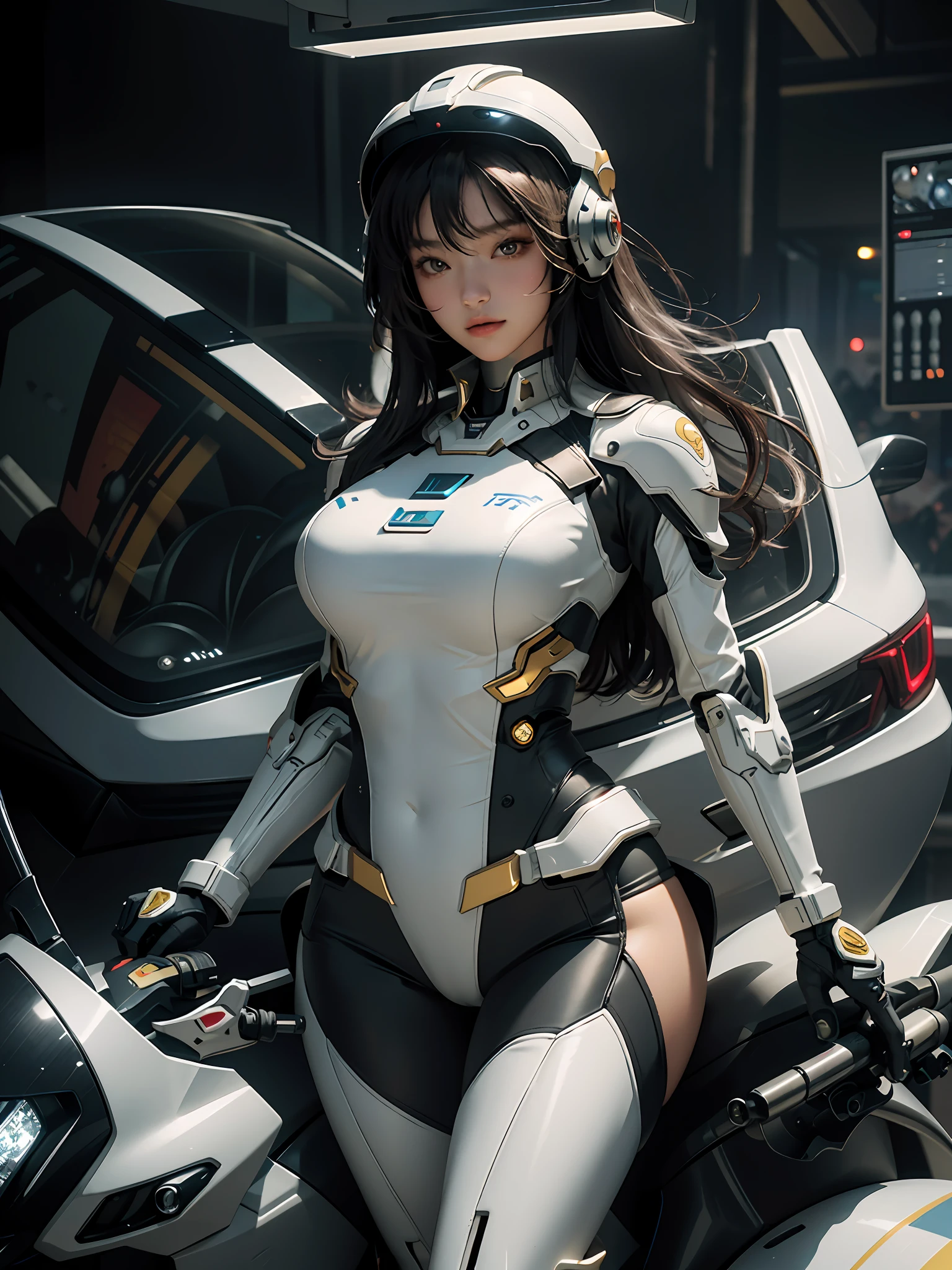 Highest image quality, outstanding details, super high resolution, (fidelity: 1.4), the best illustration, favor details, highly cohesive, 1girl, with a delicate and beautiful face, plump chest, sexy body, dressed in a gorgeous mecha, wearing a mecha helmet, holding a direction controller, riding on a motorcycle, the background is a high-tech lighting scene of the future city.