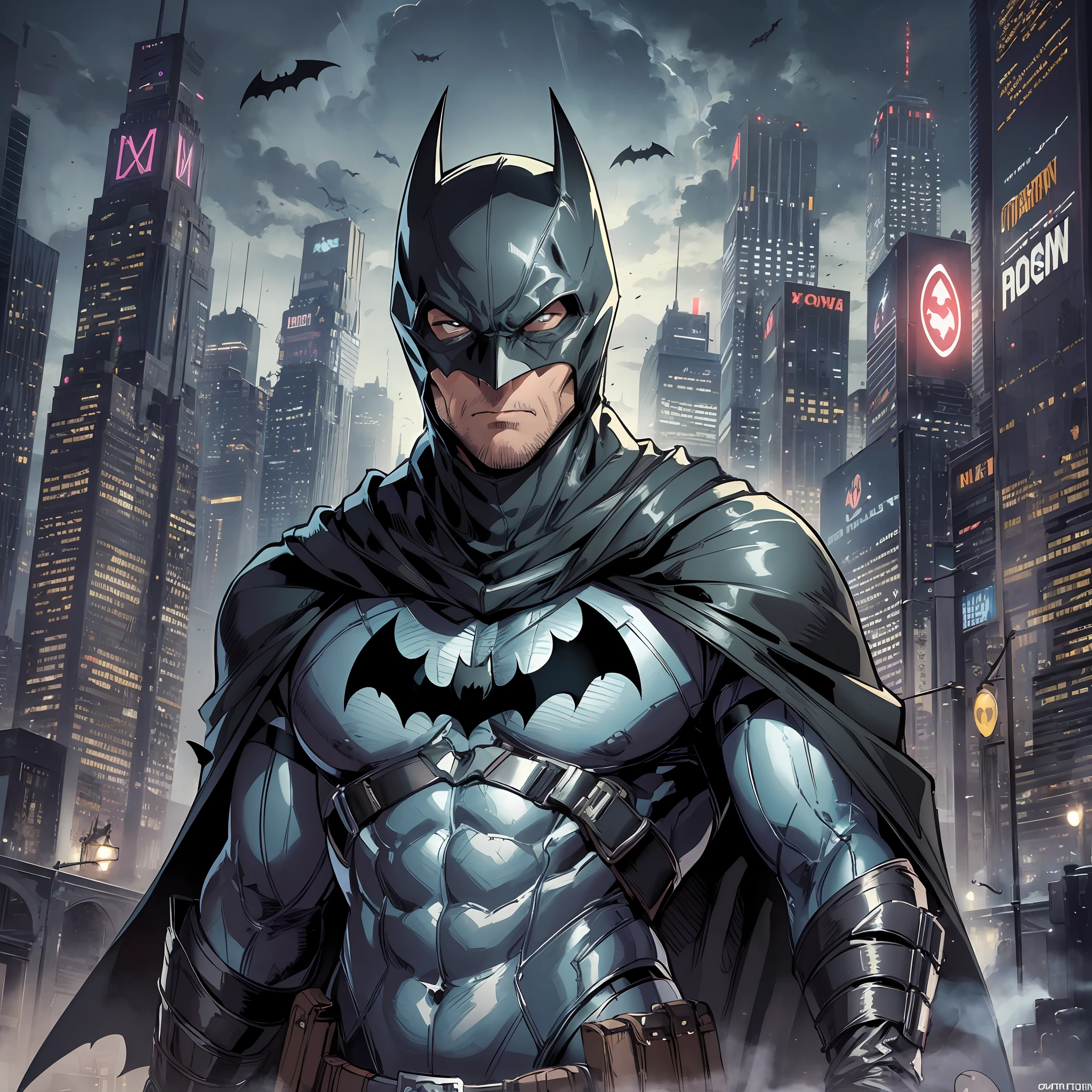 (masterpiece), best quality, ultra-detailed, extremely realistic portrait of Batman,(1 person),darkness, shadowy, brooding atmosphere, Gotham City skyline, Bat-signal shining in the sky, Batmobile, eerie moonlight, detailed texture of Bat-suit and utility belt, glowing eyes, (cowl:1.5), (cape:1.3), (symbol:1.2), (utility belt:1.1), (grappling hook:1.1), (batarang:1.1), (smoke bombs:1.1), (boom tubes:1.05), (jetpack:1.05), (batwing:1.05), (explosives:1.05). --auto --s2