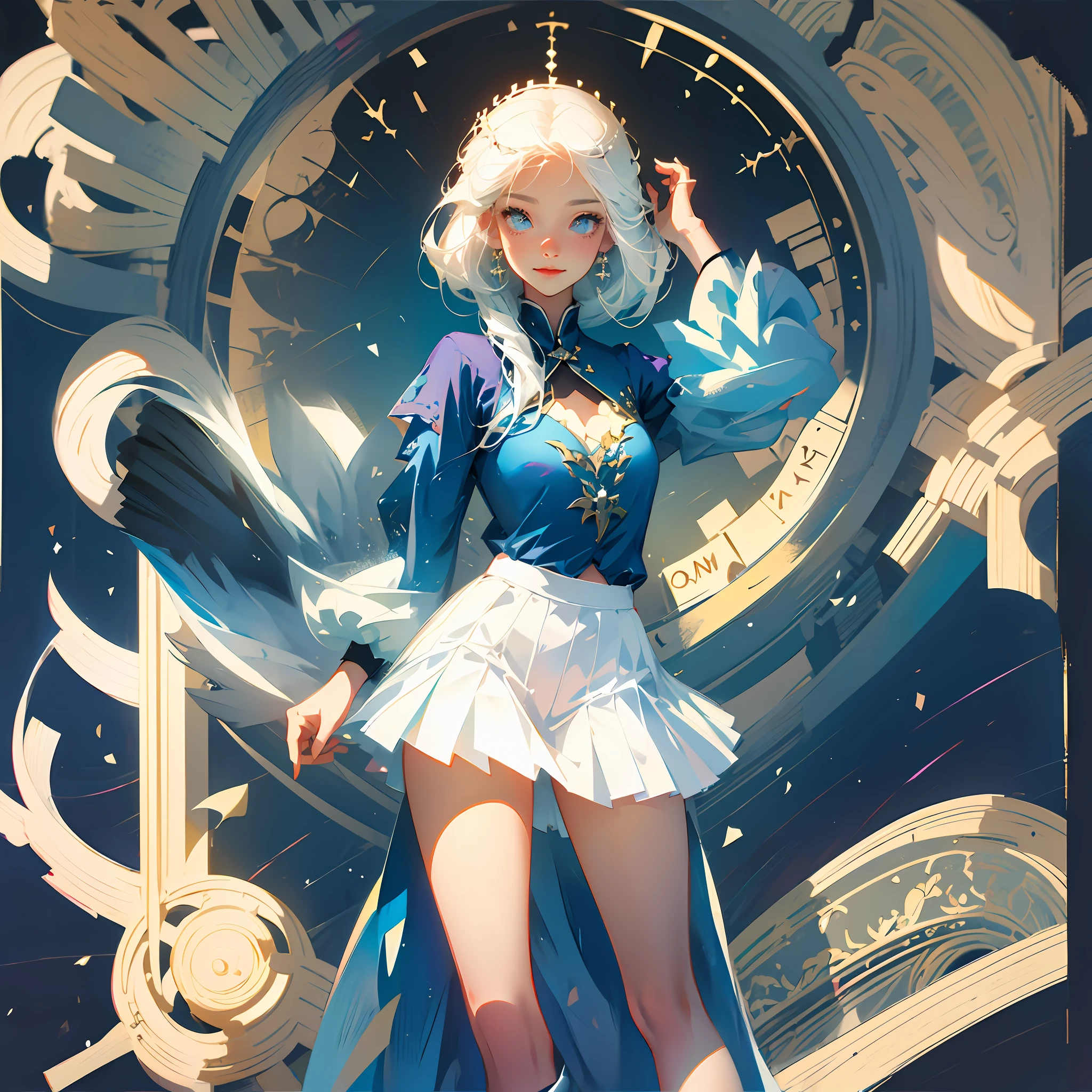 1 girl, white hair, smiley, smiley, blue and white skirt, standing painting, anime, illustration --auto --s2
