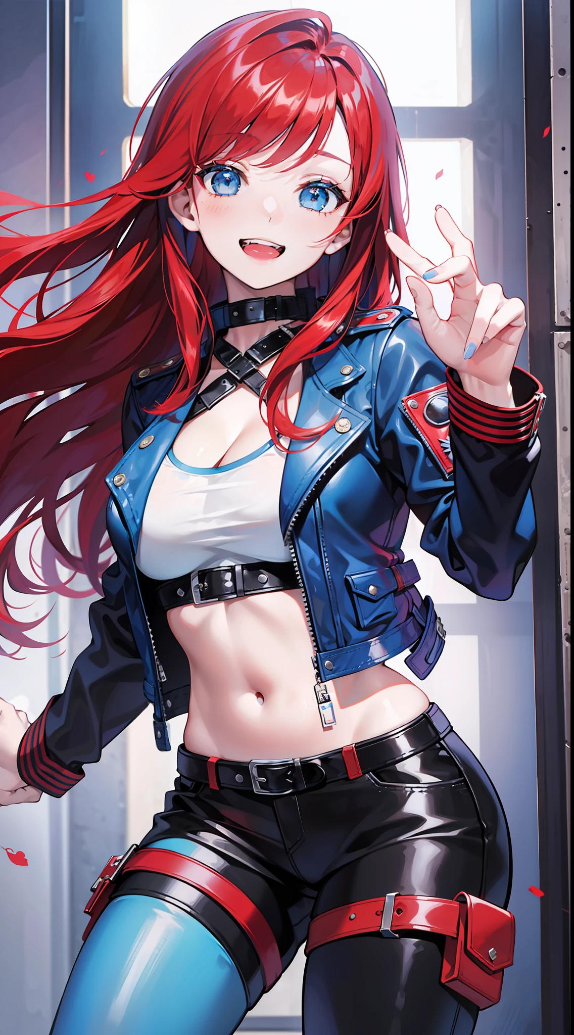 Adult girl, long red hair, blue eyes, blue leather jacket, smile, masterpiece, high quality, open belly