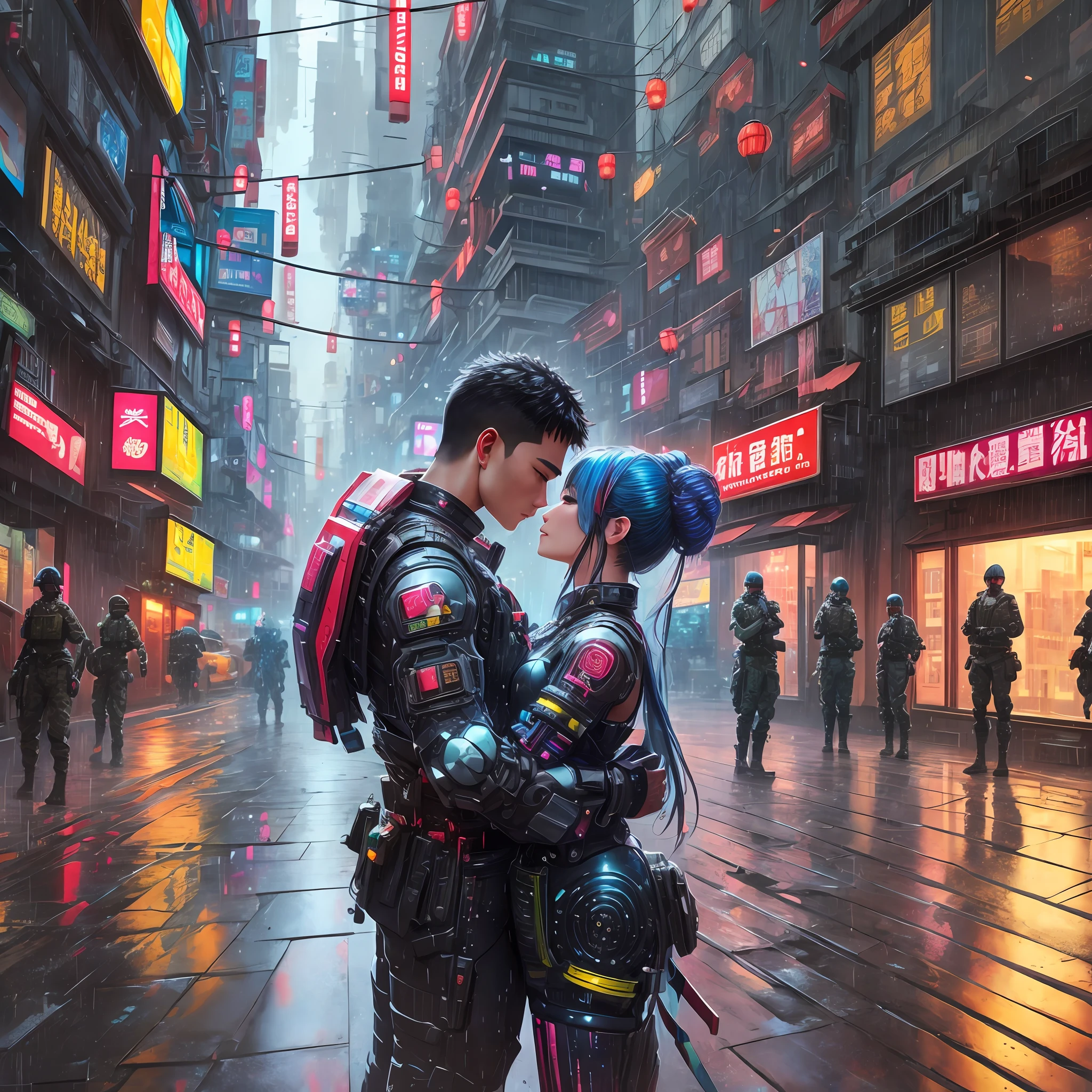 Chinese realistic cyberpunk city, very colorful in the rain. Humanoid robots kissing in the middle of the street as army soldiers point guns --auto --s2