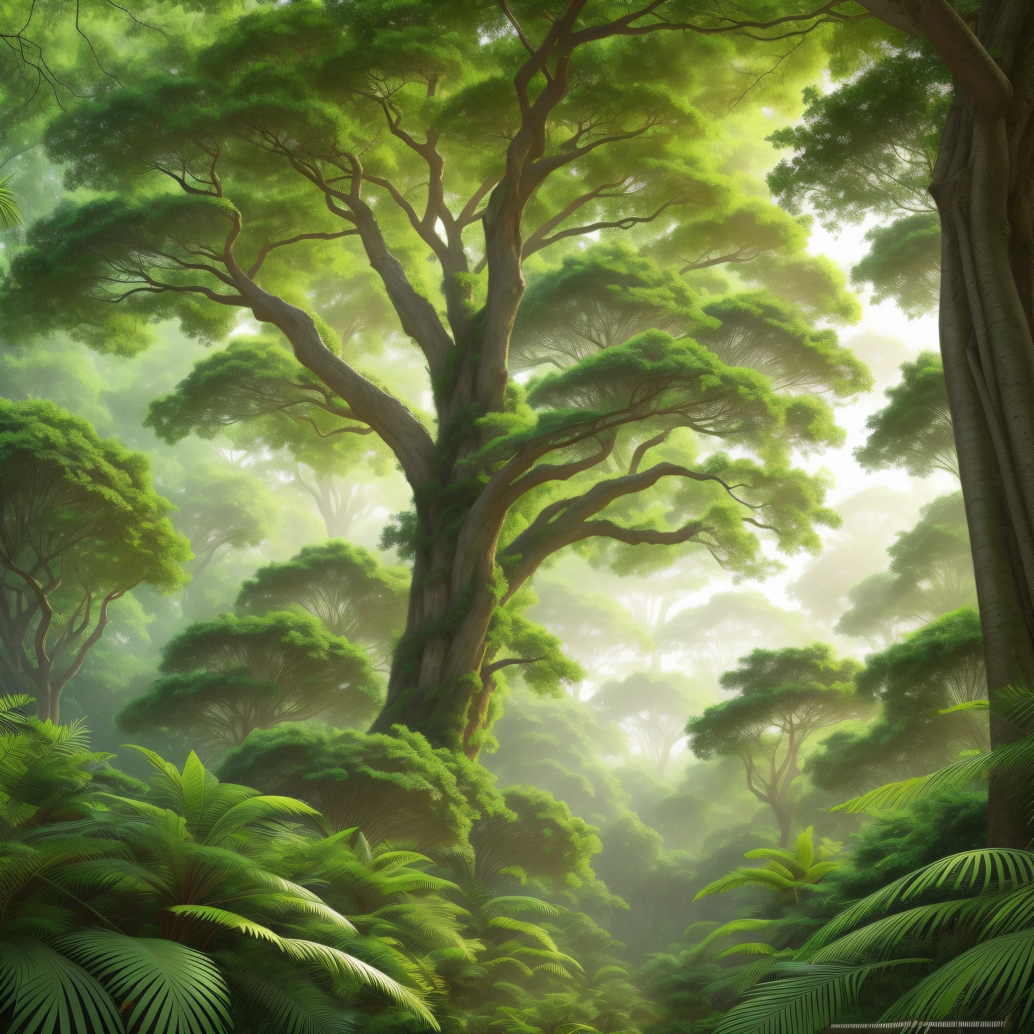 (best quality) Detailed tree drawing, subtropical plant style, dense branches, (multiple huge canopies and leaves form a forest), some holes and nicks, surrounded by small trees with insects and birds, (ambient lighting) ambient light, (sunlight through the canopy,) tropical forest breath and light, (clear) high definition.