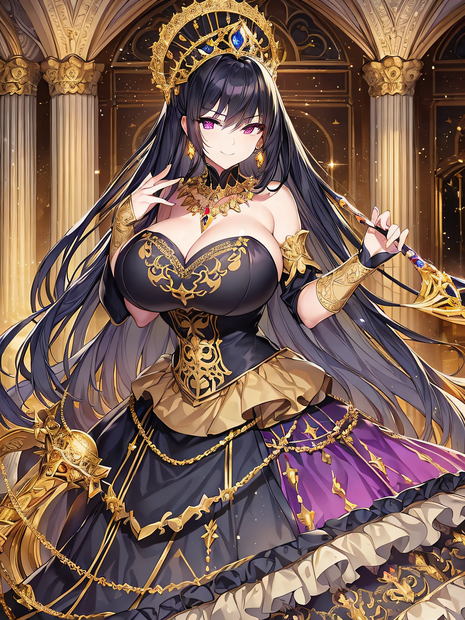 ((anime moe artstyle)),(((Masterpiece))), (Best Quality), (Super Detail), Illustration, (((Very Delicate and Beautiful))),Dynamic Angle,Looking at viewer,((((Solo)))),(((Full body))),(((1 arrogant cute empress in black ball gown))),((holding a gorgeous scepter)),(standing),dominant pose,(arrogant),(((haughty smile))),Purple eyes,(Sharp eyes),Detailed Face, Long Eyelashes,Jet Black Hair,Straight Hair,((Very Long Hair)),Bangs between eyes,((((gigantic breasts)))),cleavage,((skindentation)),curvy,off shoulder,See-through,(gorgeous embroidered black and gold rococo ball gown),(fluffy rococo ball gown with gorgeous embroidery),((gold trim)),(((hoop skirt))),long skirt,corset,crinoline,opera gloves,Beautifully Gorgeous jeweled big tiara,Beautifully Gorgeous gem earrings,Beautifully Gorgeous jeweled necklace,Beautifully Gorgeous jeweled ornaments,indoor,light particles,royal palace,