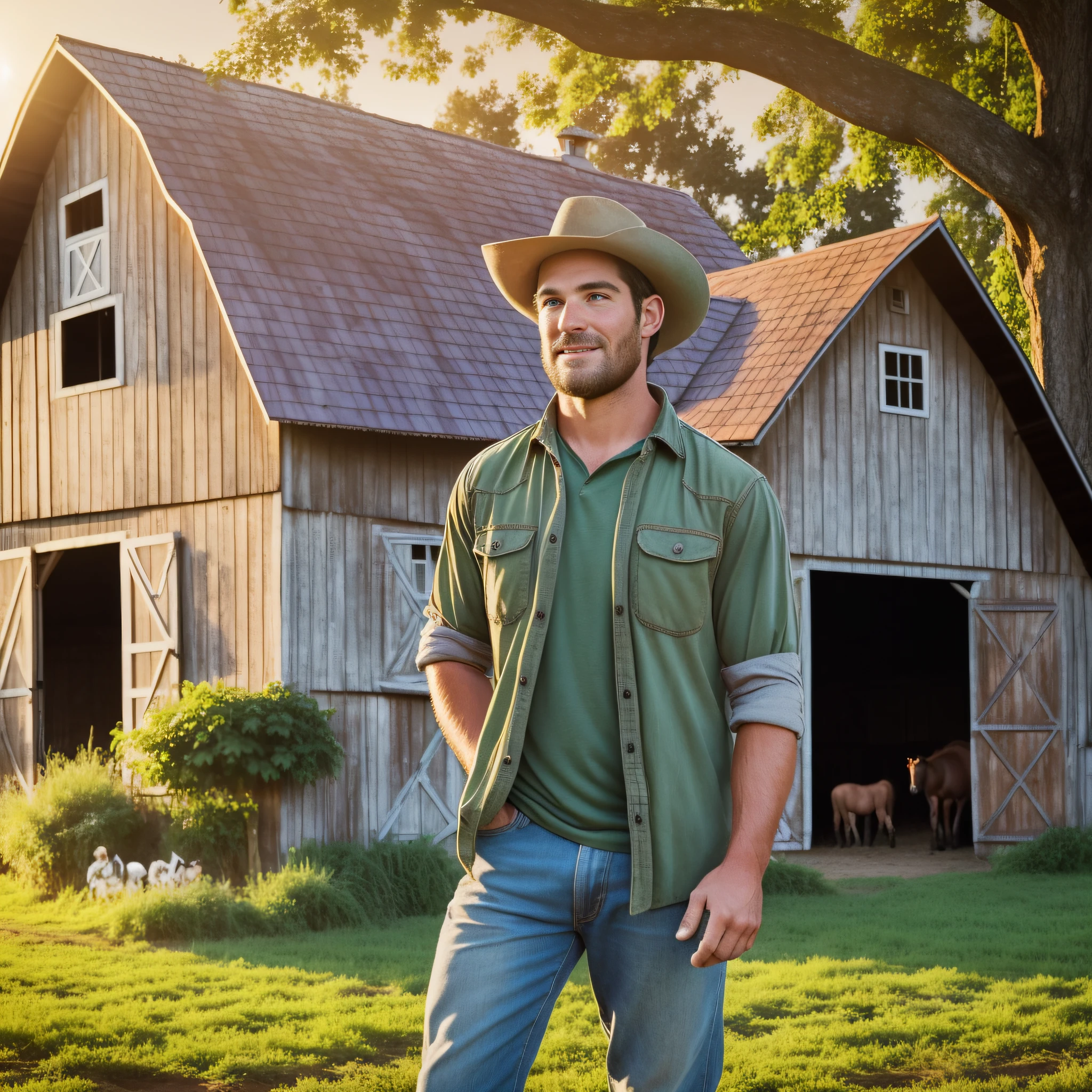 Face of a young farmer of 42 years, on a beautiful farm with a large tree in the background and some animals. (beautiful scenery, vintage style, soft lighting, calm mood, barn, horses, green grass, sunset)