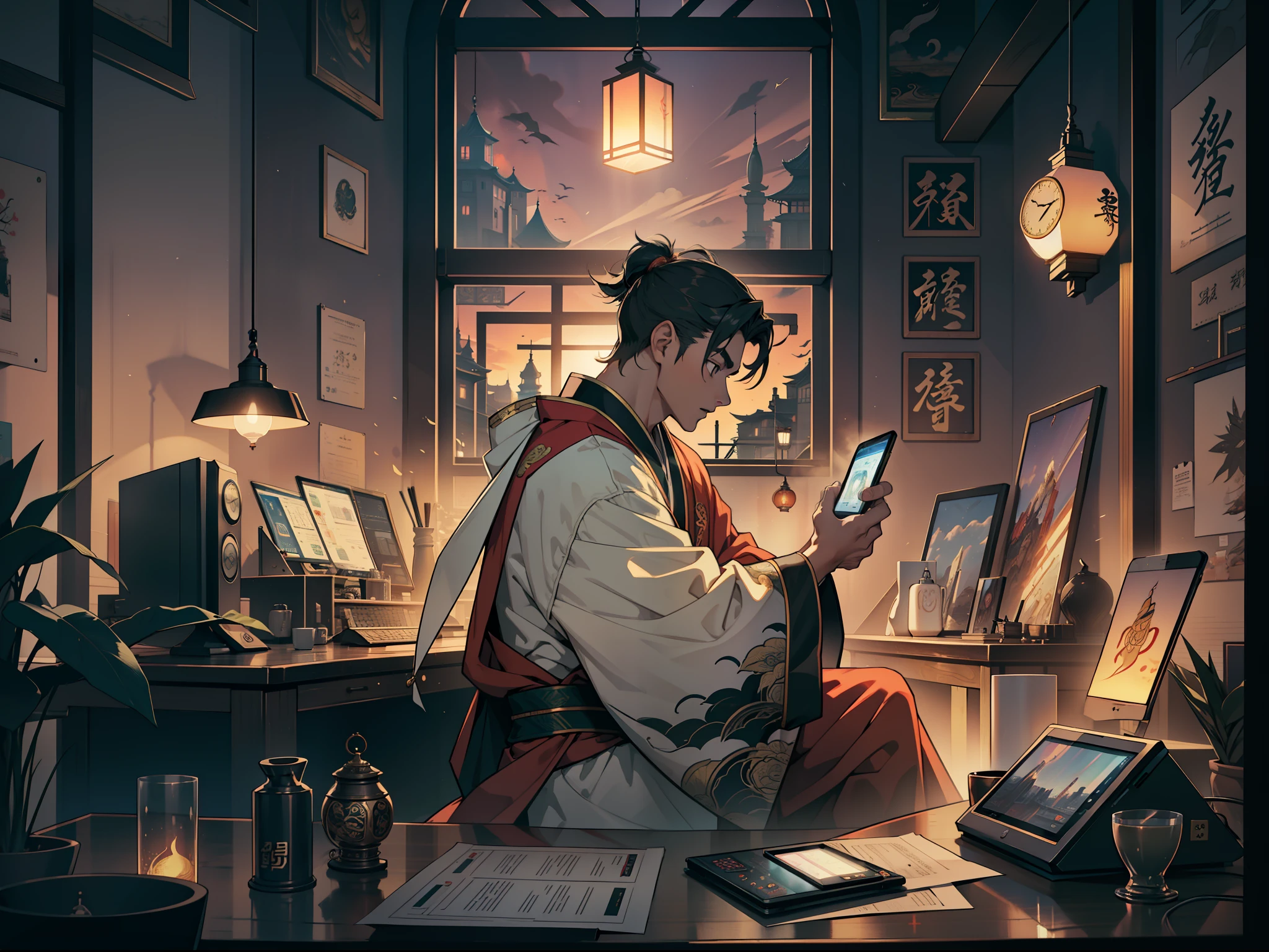 Boy in Taoist robes, holding mobile phone watching live broadcast, masterpiece, best quality, super detailed, illustration, control room, landscape, speaker, clock, computer, interior, chair, table, monitor, instrument, window, ceiling light, lamp, night, lamp