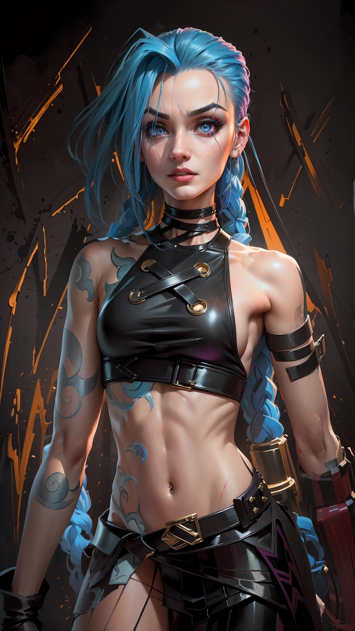 ((Best quality)), ((masterpiece)), (highly detailed:1.3), arcane style, Comic style + Hyper-realistic oil painting, Full length cinematic poster Jinx from Acane in dynamic pose. Cinematic, highly detailed, detailed face, realistic, black background in Comic style, vibrant colors.