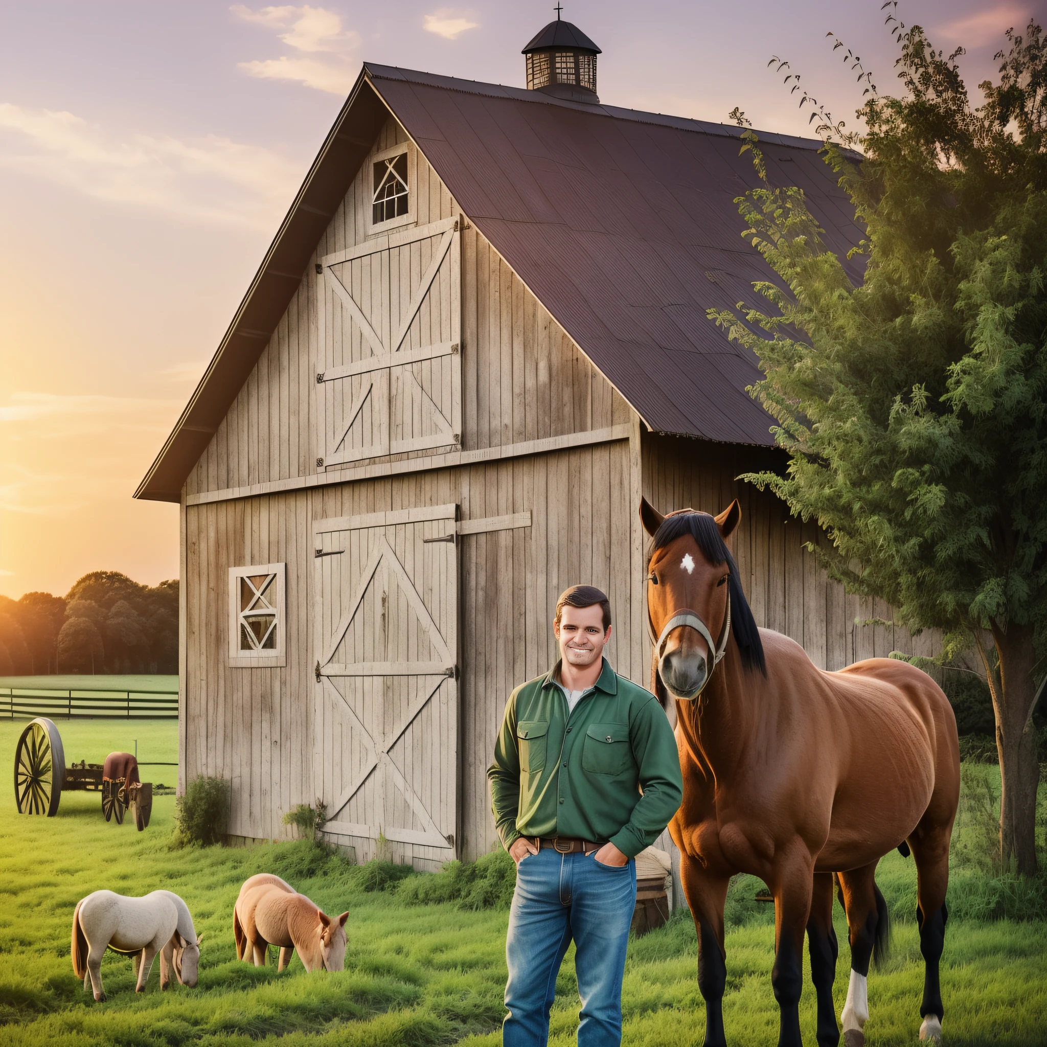 Face of a young farmer of 42 years, on a beautiful farm with a large tree in the background and some animals. (beautiful scenery, vintage style, soft lighting, calm mood, barn, horses, green grass, sunset)