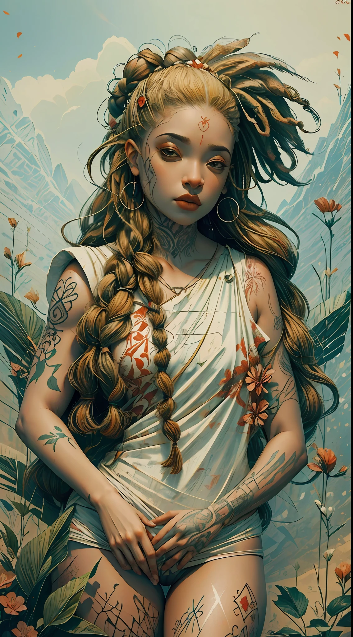 ankymoore, visão de baixo pra cima, 1rapper with dread hair with tattoos, white and red sexy clothes(cameltoe), graffitti background, (masterpiece), (best quality:1.2), absurdres, intricate details, flowers, leaves, roots