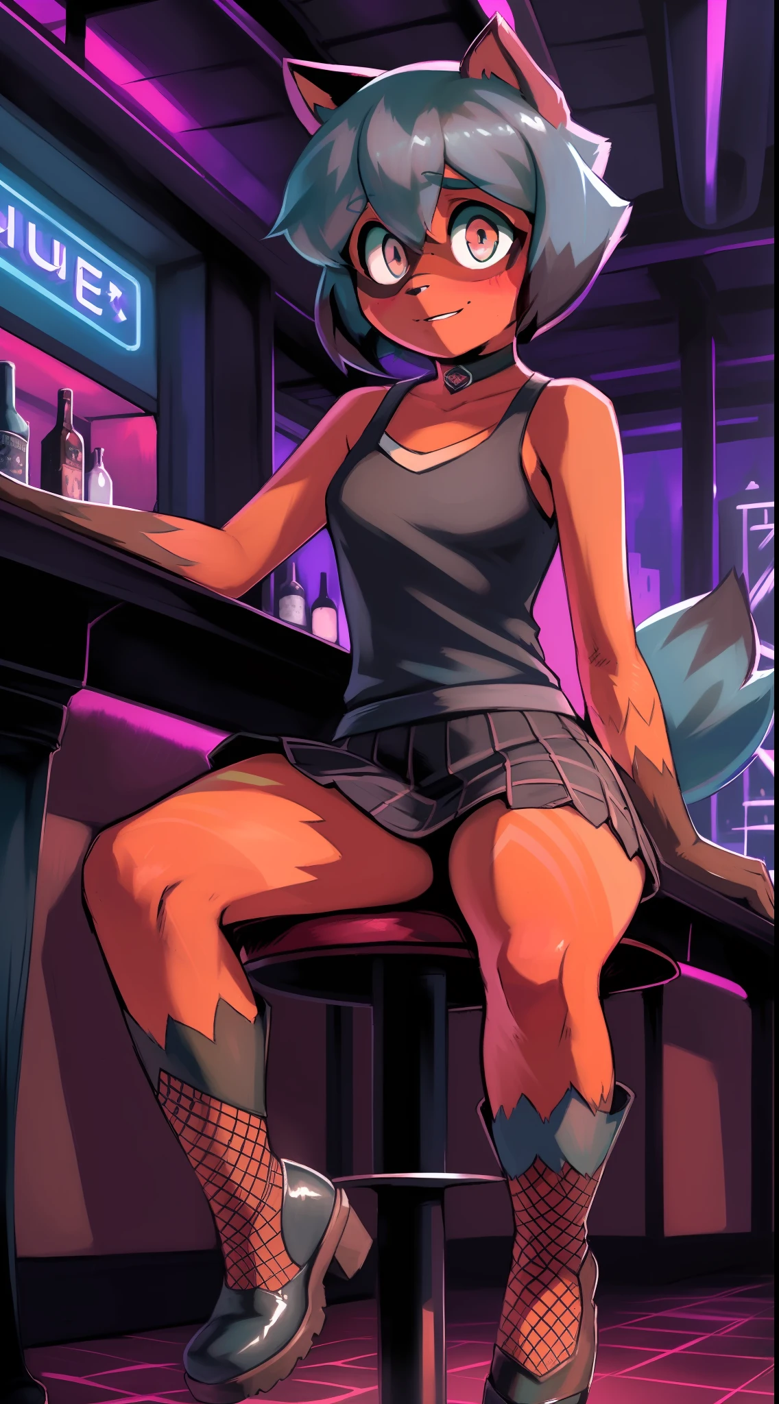 by Zackary911, Kenket, Kilinah, Zackary911, (((michiru kagemori, woman, breasts, antrum, extremely detailed, extremely detailed legs, extremely detailed arms, extremely detailed face, perfectly detailed eyes, perfectly detailed anatomy))): 1.2, solo, perspective, curved thighs, huge thighs, curvature, embarrassed smile, (tail), totally blushed, nervous, looking at the viewer, blue hair, black choker, gothic outfit, black tank top, black skirt, Fishnet stockings, boots, gothic makeup, Nightclub, neon lights, Fishnet gloves, bar, sitting on a chair