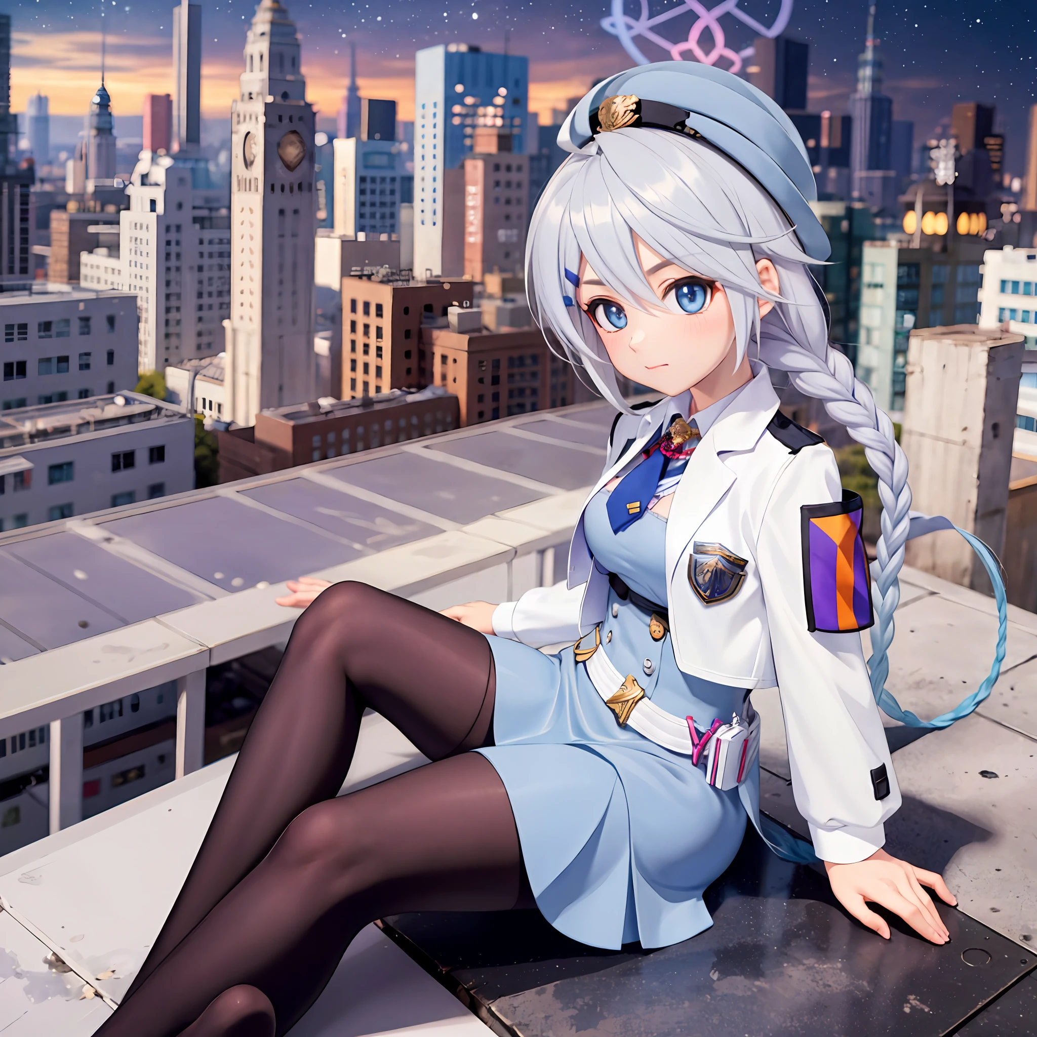 (1girls:1.3), solo, sitting on the rooftop of a city building, wide angle, harem anime official art, perspective, from side, elbow rest, legs together, looking away, blue eyes, small breasts, ahoge, hair ornament, twin braids, necktie, halo, bangs, hair between eyes, blue eyes, shirt, skirt, :|, closed mouth, white police uniform, hat, blue shirt, (white jacket:1.1), belt pouch, silver hair, black pantyhose, cute beautiful eyes detailed pupils cute, circle white pupil cute, 35mm f1.4, iso100, raw, high quality, subtle ambient glow, raytracing, global illumination, ultimate quallity, detailed night sky, layers of clouds, shadow