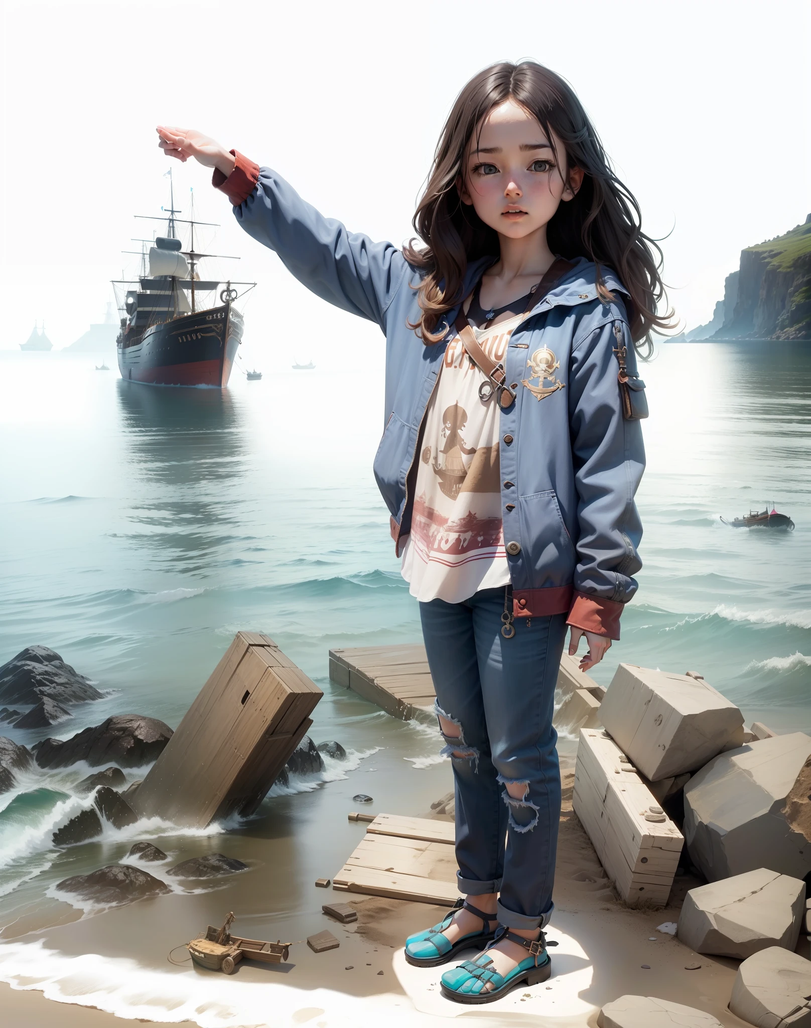 Girl standing on the beach, pirate boat in the background, masterpiece, best quality, (extremely detailed unity 8k CG wallpaper), (best quality), (best illustration), (best shadow), absurdities, realistic lighting, (Abyss), beautiful detailed brightness.
