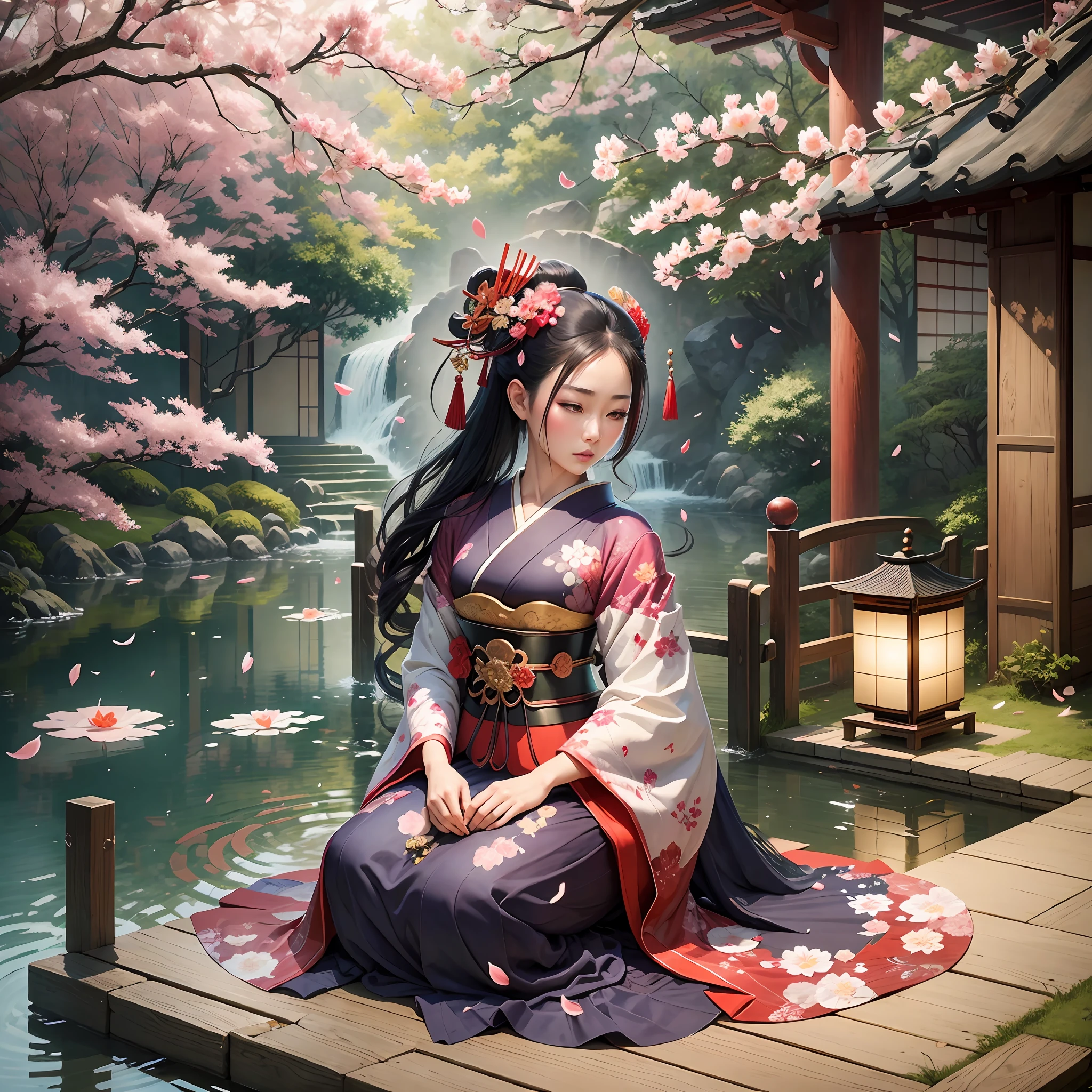 An ancient Japanese beauty, dignified temperament, geisha, tea ceremony, fluttering cherry petals, oriental garden in the background, carp pond, masterpiece, super detailed, epic composition, high quality, highest quality, 4k --auto --v 6 --s2