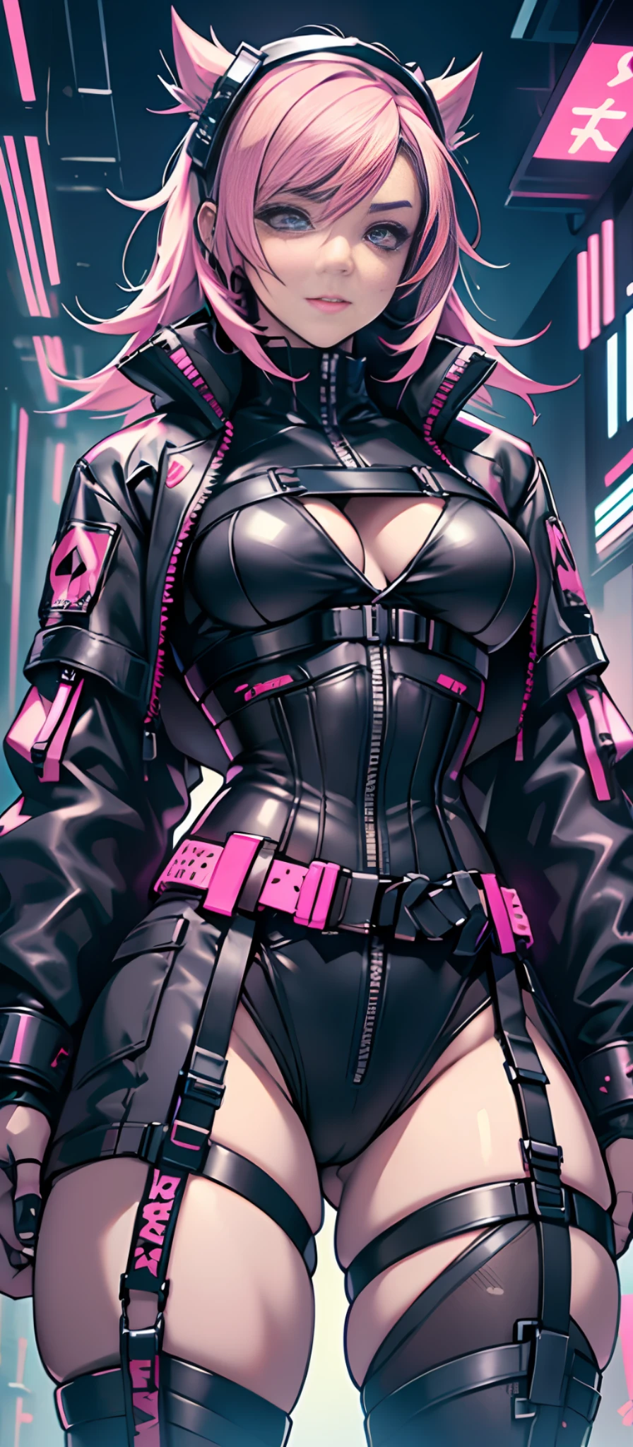 there is a woman with small breasts and massive hips in a corset and a black and white outfit, with Fishnet on breasts, humble outfit, wearing techwear and armor, cyberpunk outfit, wearing japanese techwear, intriguing outfit, all black cyberpunk clothes, cyberpunk style outfit, female cyberpunk anime girl, cyberpunk streetwear, cyberpunk dress, anime girl cosplay, photograph of a techwear woman, cyberpunk anime girl, wearing cyberpunk streetwear, maid outfit --auto --s2