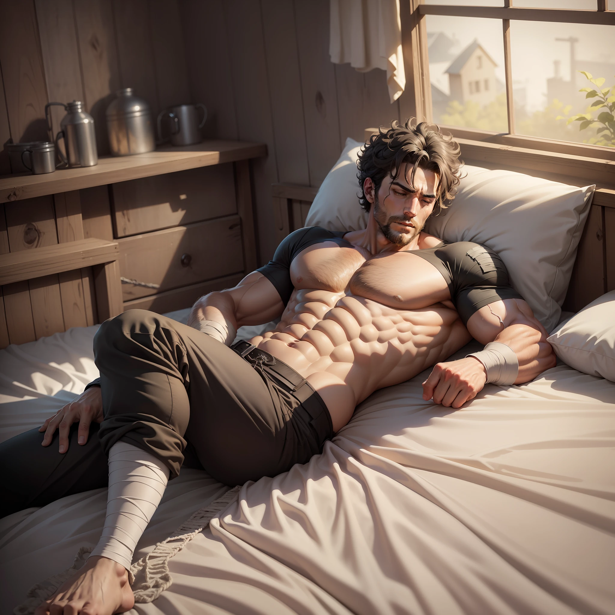 Realistic image of a tall, strong, medium-sized curly man, with bandages and gauze on his body, black pants, anime-style character art, sleeping on a simple bed in a rustic room