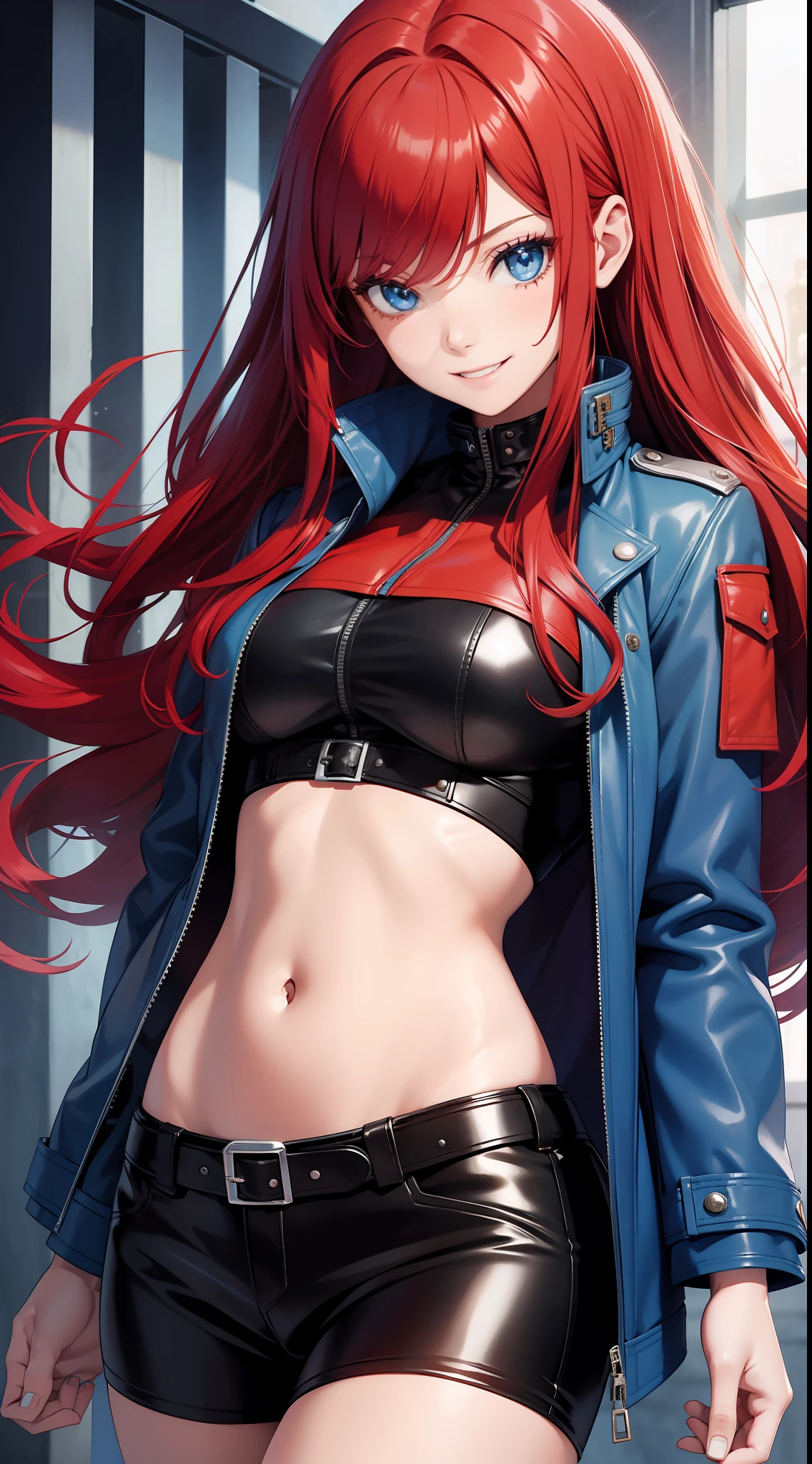 Adult girl, long red hair, blue eyes, blue leather jacket, smile, masterpiece, high quality, open belly