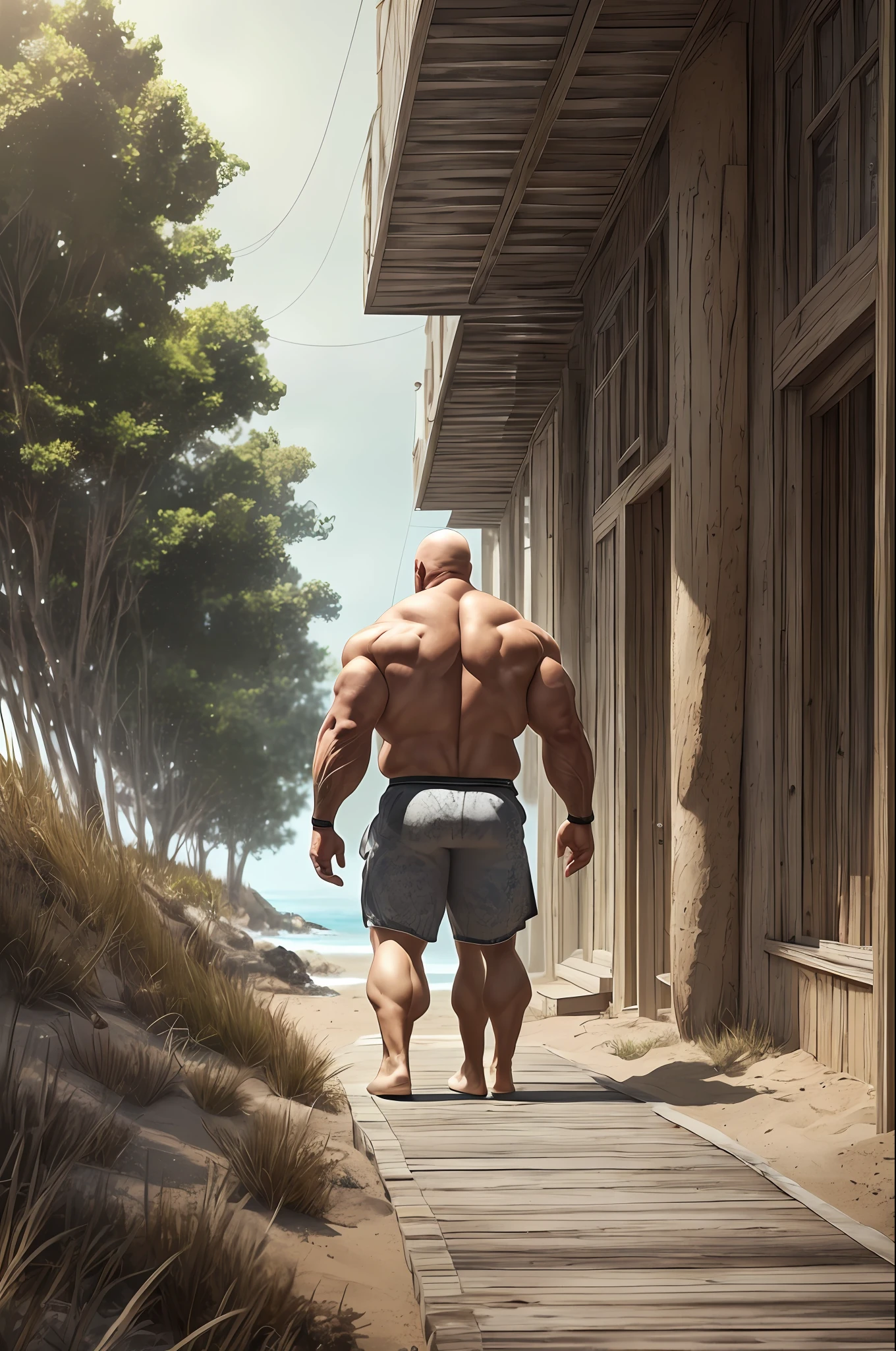 A rear view portrait, from the distance, full body photograph  mid age man heavy bald Strong, muscular, bodybuilder, walking at the beach completely naked, back view, he has a hairy back, epic realistic, photo, faded, neutral colors, ((((hdr)))), muted colors, intricate scene, artstation, intricate details, vignette --auto --s2