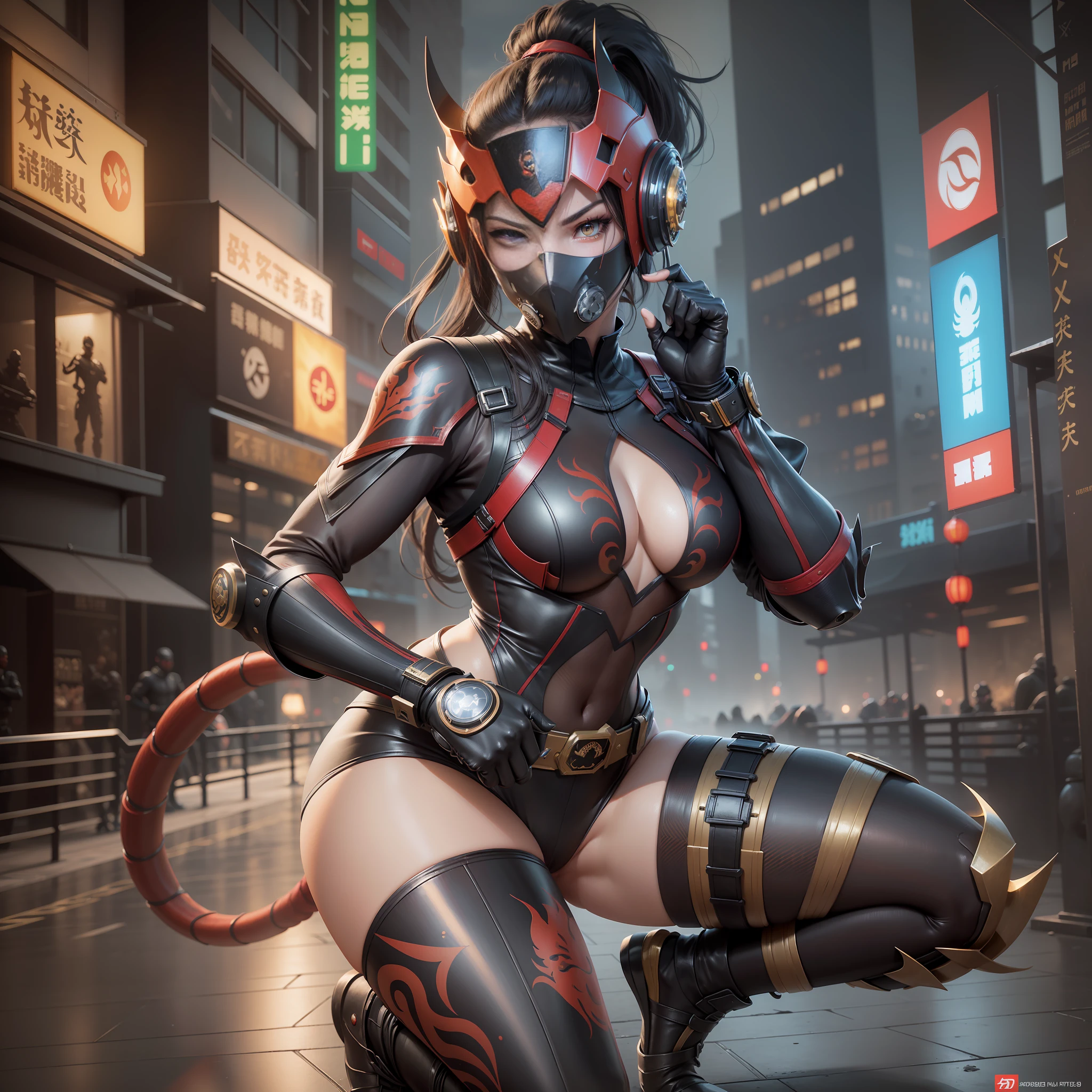 ((Best Quality)), ((Masterpiece)), (Details:1.4), 3D,1girl (Rose)(Rose), Full body image, Image of a woman in a beautiful red scorpion cyberpunk suit, Scorpion woman, Scorpion arm decoration on the head, Scorpion image headgear, ((Full face mask with scorpion motif)), ((Hide face with mask with mask)), high kick pose, Chinese clothing style fighting suit, shocker belt, kung fu, scorpion, chinese kung fu girl, kung fu pose, hl, ray tracing, nvidia rtx, super resolution, unreal 5, subsurface scattering, pbr texturing, post-processing, anisotropic filtering, depth of field, maximum clarity and sharpness, Multi-layer textures, Albedo and specular maps, Surface shading, Accurate simulation of light material interactions, Slender perfect proportions, Sharp eyeliner,((Full body)),Sharp focus, Octane rendering, Two-tone lighting, Large aperture, Low ISO, White Balance, Rule of Thirds, 8K RAW, Circuit Board AI, 4 K, fog, night city background,