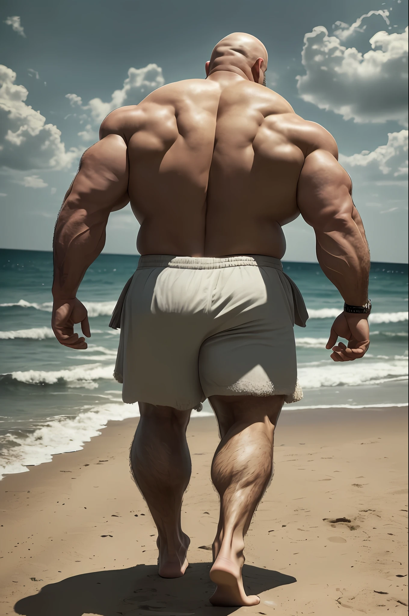 A rear view portrait, from the distance, full body photograph mid age man heavy bald Strong, muscular, bodybuilder, walking at the beach completely naked, back view, he has a hairy back, epic realistic, photo, faded, neutral colors, ((((hdr)))), muted colors, intricate scene, artstation, intricate details, vignette --auto --s2