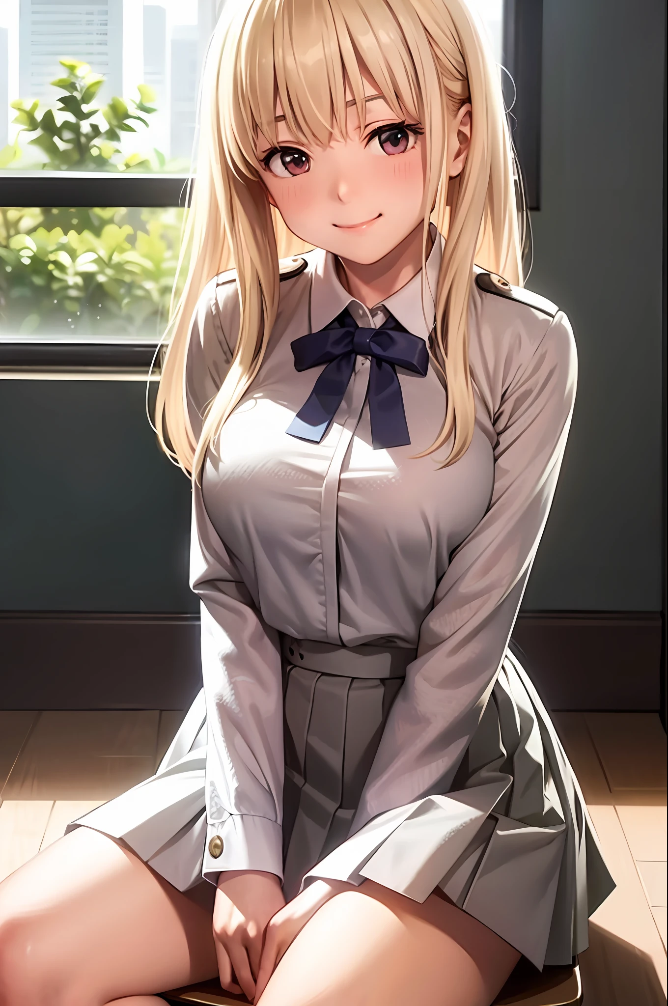 Takina inoue, masterpiece, best quality, 1 girls, solo, blonde long hair, alternate costume, white shirt, school uniform, pleated skirt, breast out, blush, shy, sexy pose, smile, indoor, classroom, chair, desk, window, sitting, hands behind,  ((white shirt))