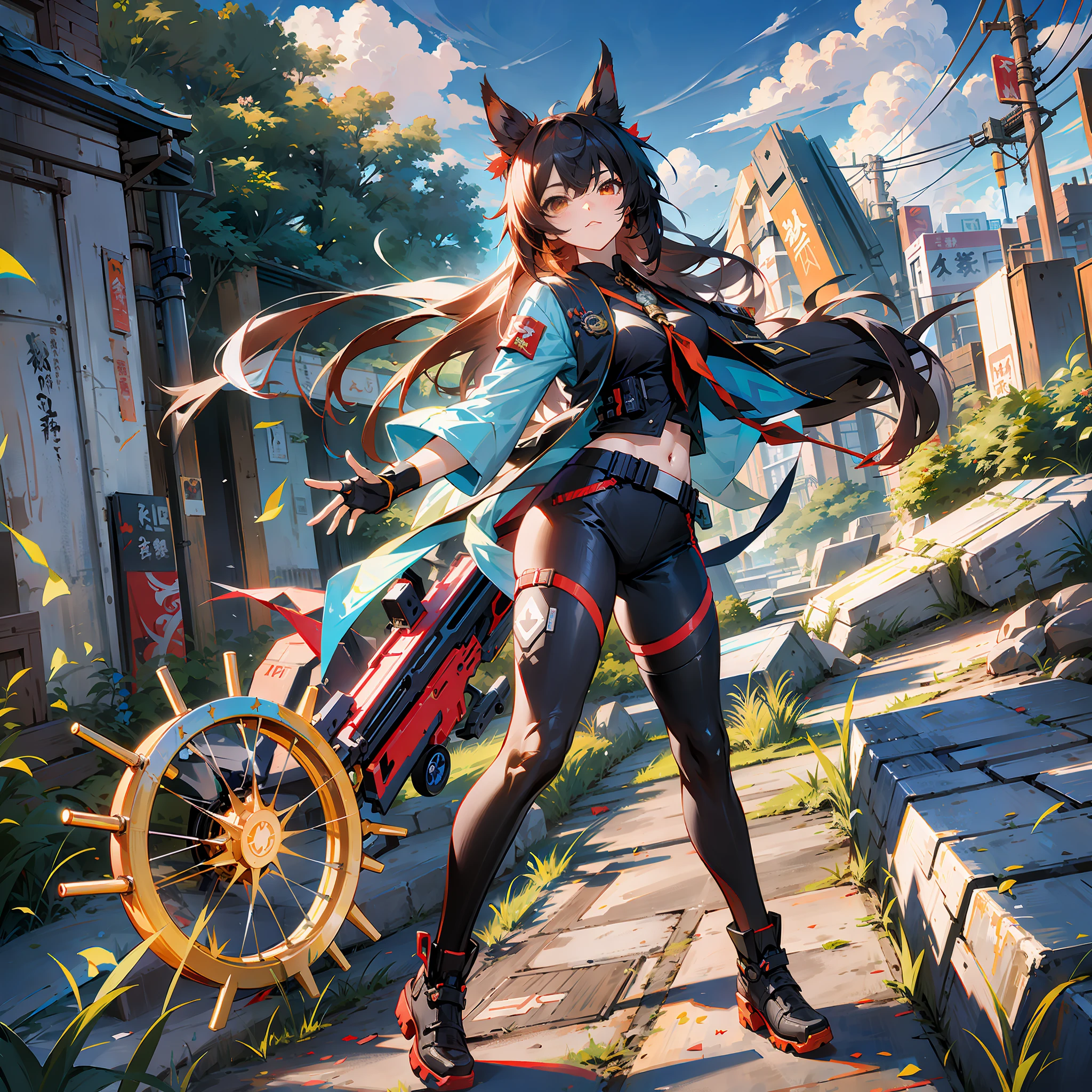 anime girl with a gun and a wheel on a street, official artwork, high detailed official artwork, by Yang J, official character art, extremely detailed artgerm, trending on artstation pixiv, from arknights, official art, by Shitao, by Kamagurka, rin, mechanized valkyrie girl, keqing from genshin impact --auto --s2