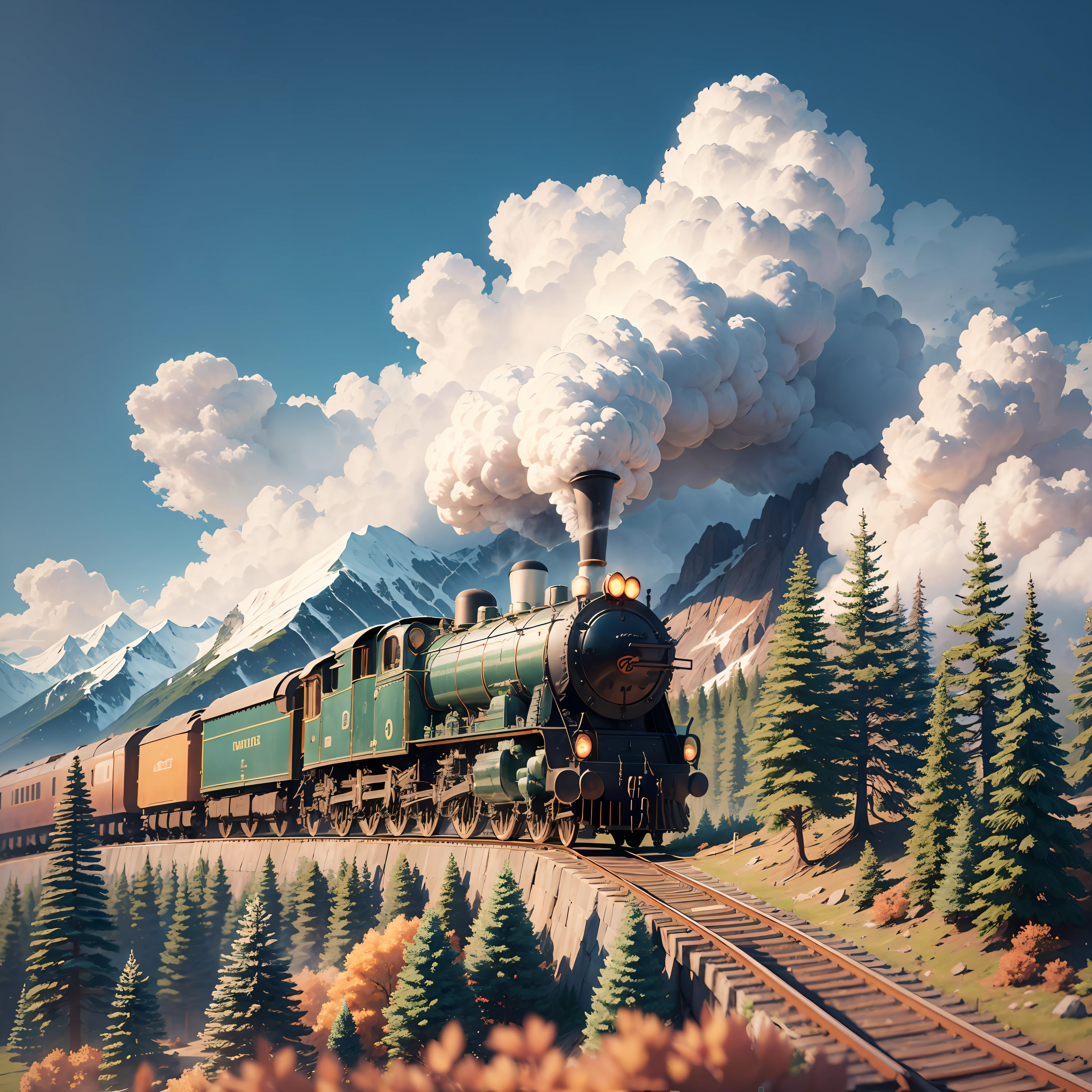Mountains and mountains, steam locomotive, side view, through tunnel, white smoke, towering trees, squirrels in trees, 3D detailed drawing, elevation view, blue sky and white clouds --auto --s2