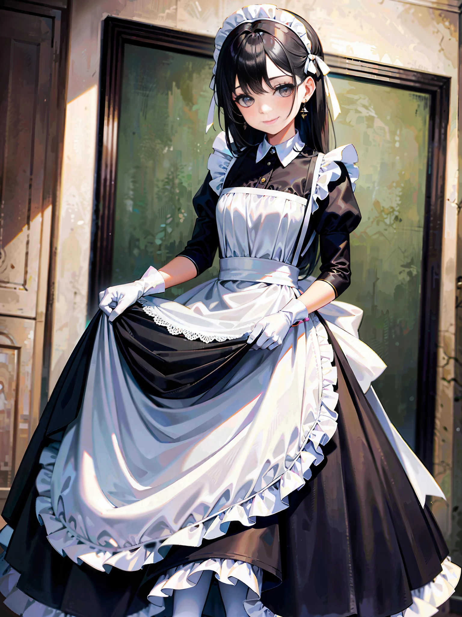 Painted smoky makeup, eye shadow, maid girl, silky hair, wearing hair accessories and earrings, sweet smile. She wore a maid skirt, white stockings on her feet, and lace gloves. Dignified standing. The scene is random.