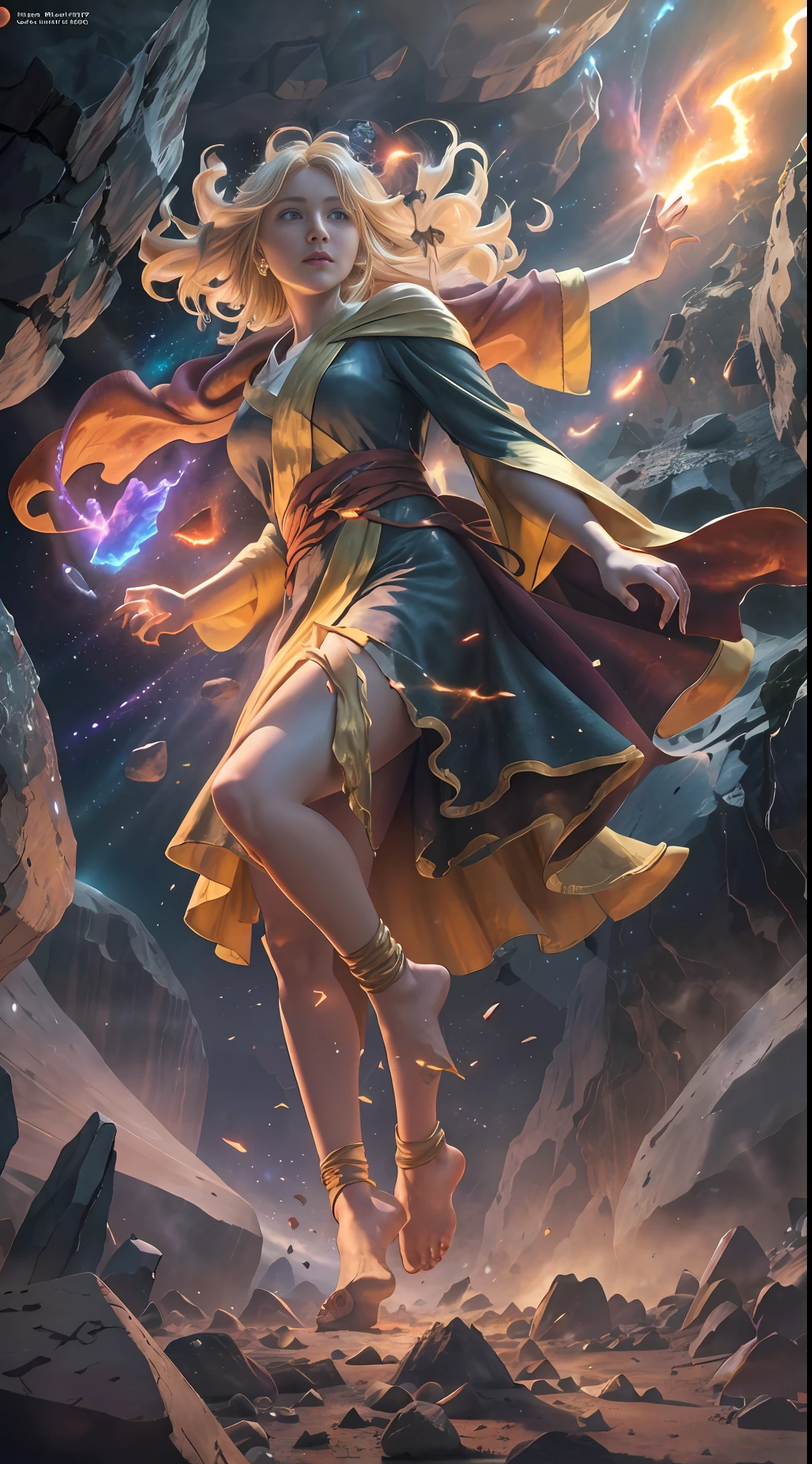 female barefoot summoner levitating with blonde hair robes and cape arms lifted up over a broken earth bright lava light from below asteroid field (jagged rocks boulders and debris shooting into the air:1.3) (windy dust debris storm:1.1) volumetric fog mist ray tracing z pass bright light from below, (masterpiece) (best quality) (detailed) (8k) (cinematic lighting) (sharp focus) (intricate)