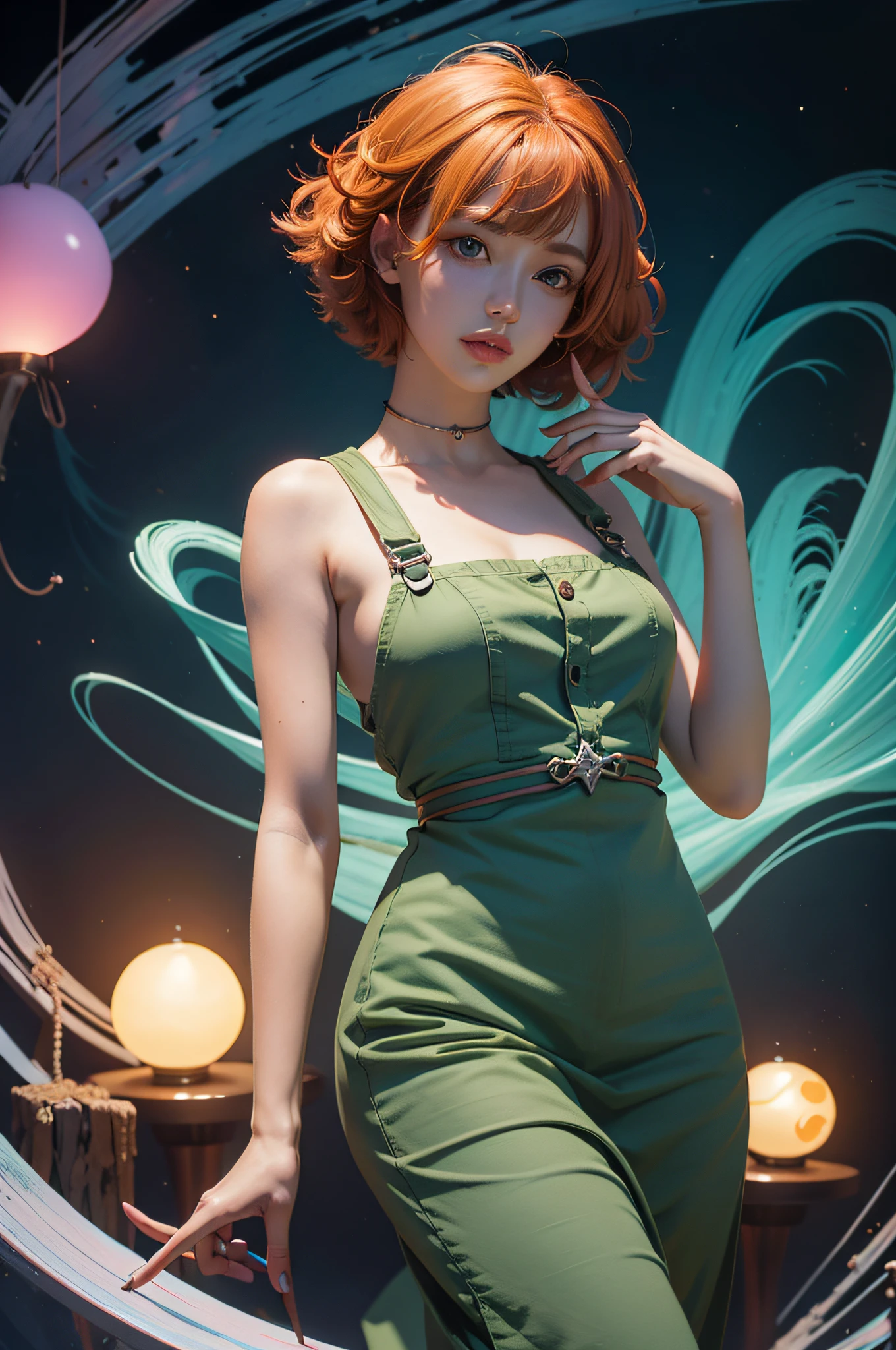 concept art, overhead angle of a Will-o'-the-wisp, wearing Funny Somali Emerald deep orange Pinafore, Caramel hair styled as Short hair, fluorescent purple Hair tie, equirectangular 360, Highres,  [(art by Willi Baumeister:1.1), (art by John T. Biggers:1.2)::17], official art, unity 8k wallpaper, ultra detailed, aesthetic, masterpiece, best quality, photorealistic