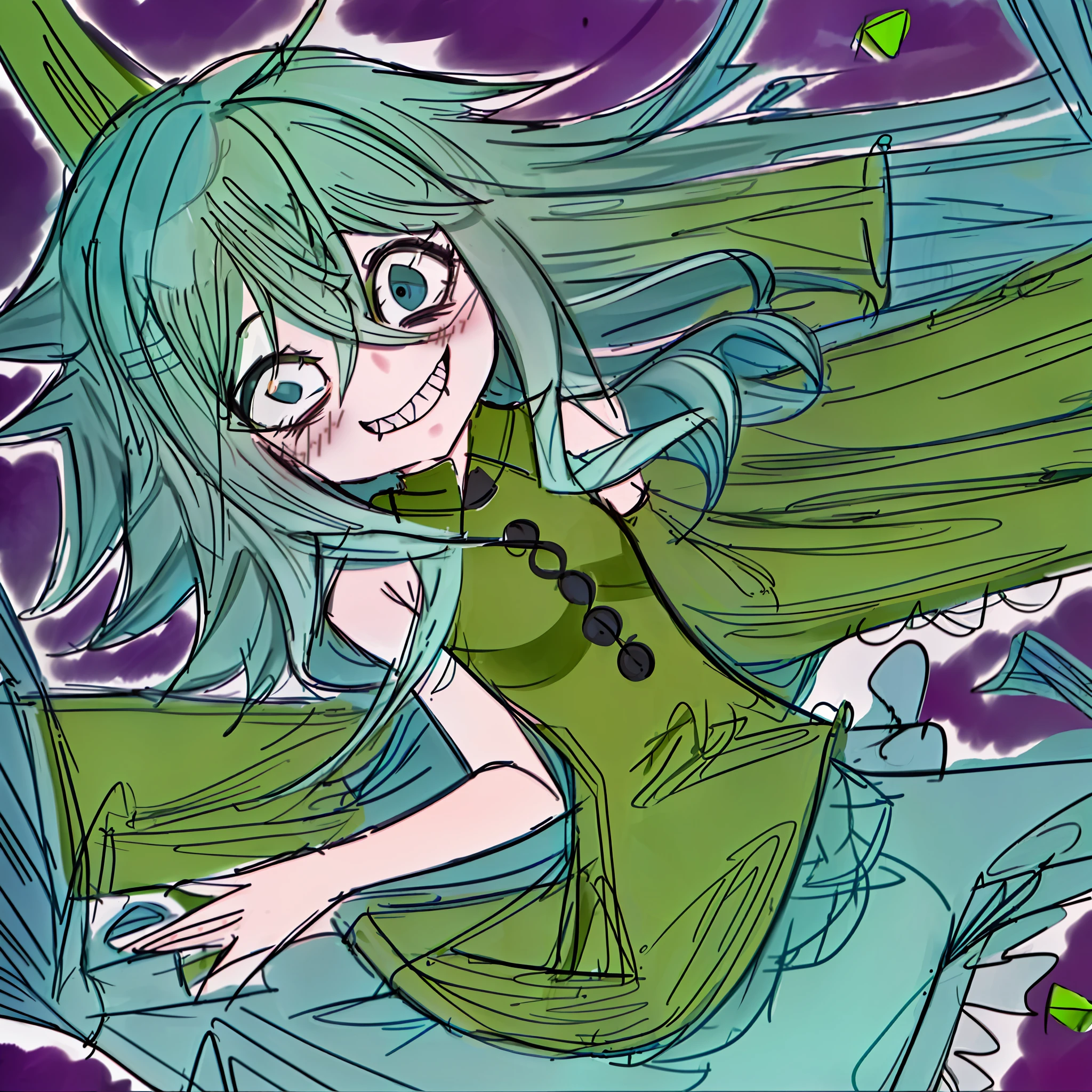 masterpiece, best quality, sketch, ms_paint, sharp_edges, ((kkhta_style)), MHXA, green_dress, ((upper body))), Wakasagihime, mermaid, happy, smiling, female, cute, blue_hair, curly_hair, sharp_teeth, blue_eyes, fin_ears, water_background, ((fish))