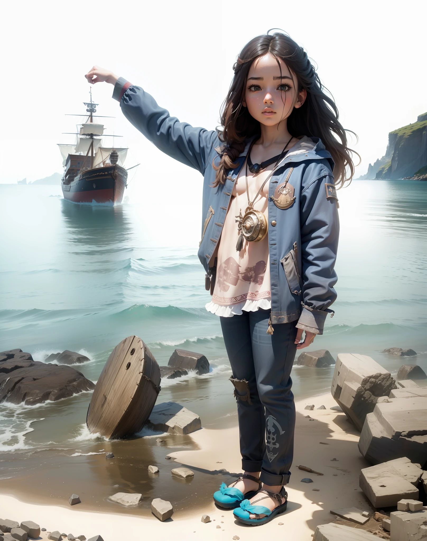 Girl standing on the beach, pirate boat in the background, masterpiece, best quality, (extremely detailed unity 8k CG wallpaper), (best quality), (best illustration), (best shadow), absurdities, realistic lighting, (Abyss), beautiful detailed brightness.