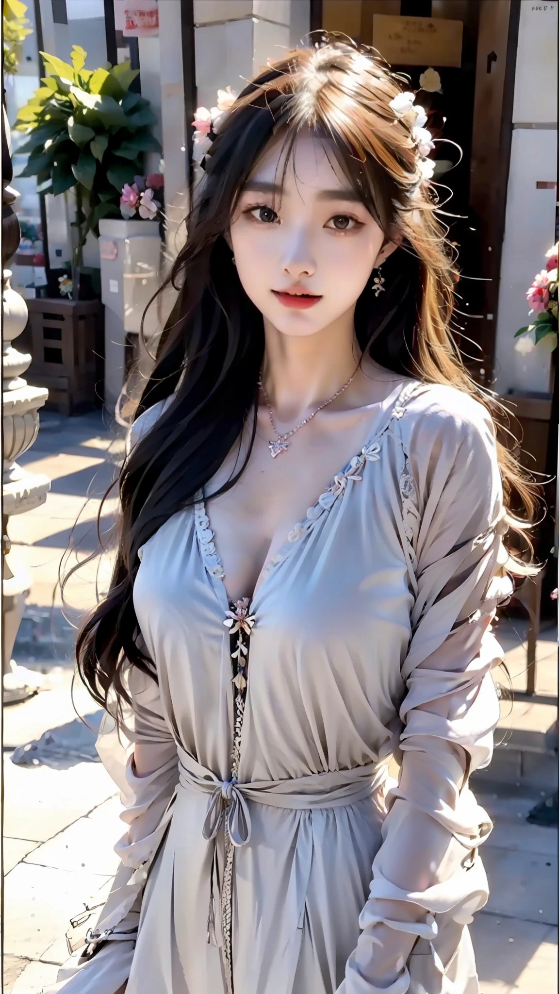 Beautiful woman, fiddling with cell phone in the middle of the street, short clothes