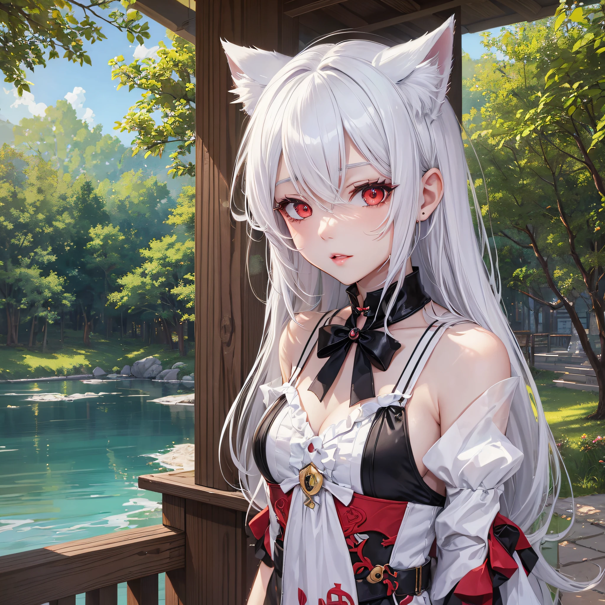 White-haired loli seduces two cat ears by the lake, red eyes --auto --s2