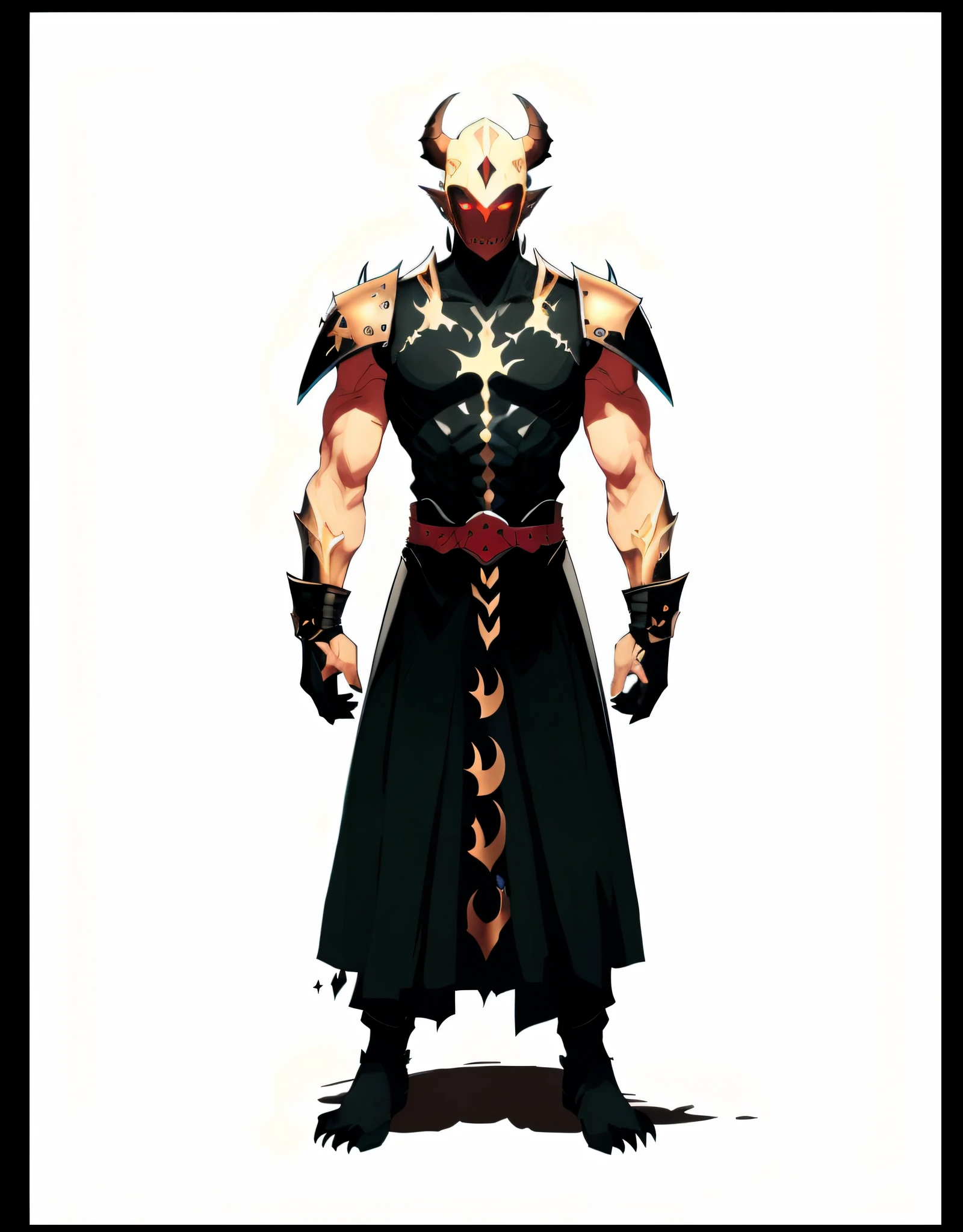 a close up of a person in a costume with a sword, full body concept, demon noble character design, full body devil man, djinn man male demon, d&d dark sun character art, full body concept art, demon soul concept art, demonic dragon inspired armor, human male demon, draconic looking armor, fit male demon with white horns, demon armor