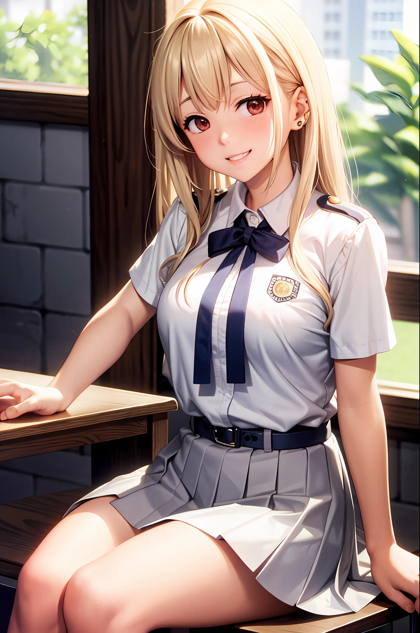 Takina inoue, masterpiece, best quality, 1 girls, solo, blonde long hair, alternate costume, white shirt, school uniform, pleated skirt, breast out, blush, shy, sexy pose, smile, indoor, classroom, chair, desk, window, sitting, hands behind,  ((white shirt)), red eyes, open mouth, face, piercings, gal girl, gyaru,