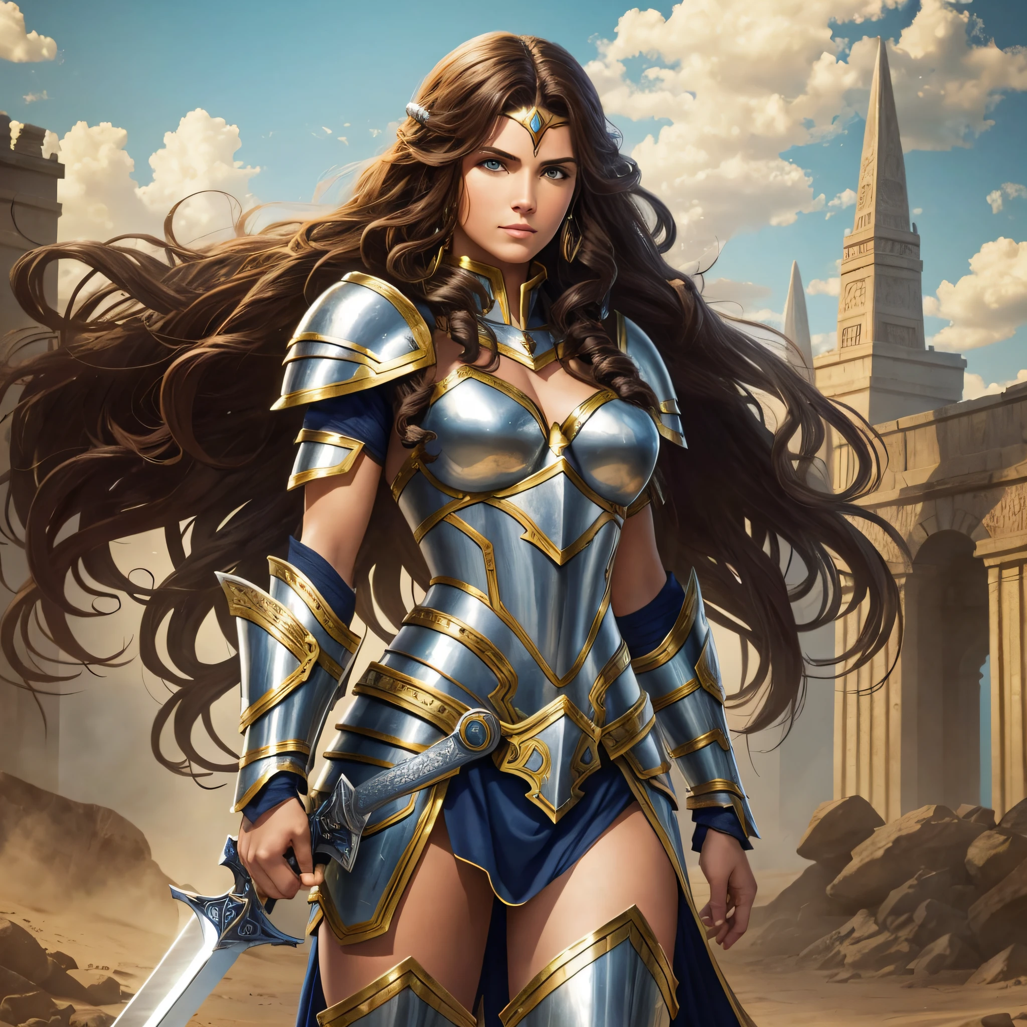 A brunette woman with long curly hair with armor and sword resembling the Amazonian warriors --auto --s2