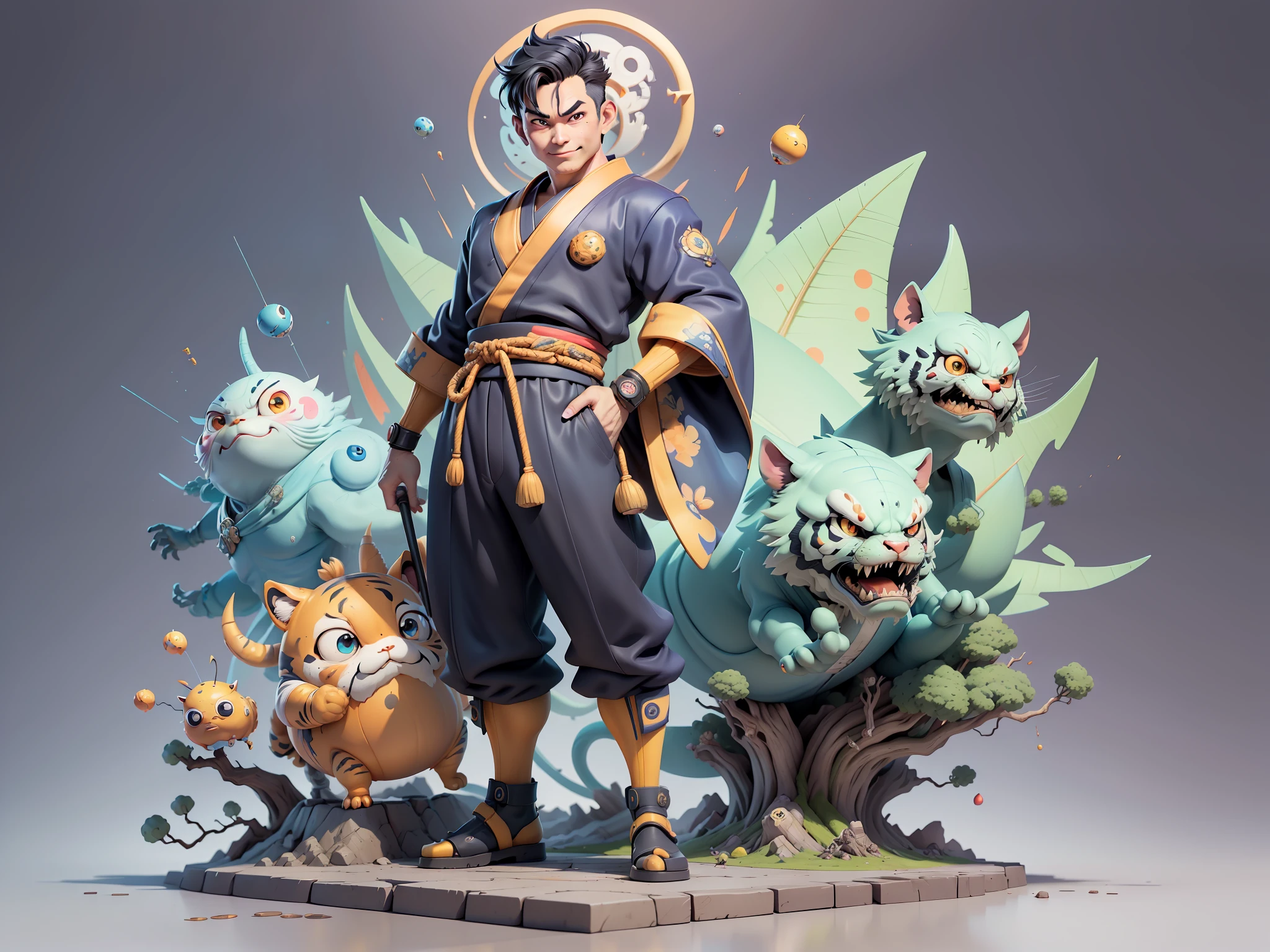 (Masterpiece), (Excellent), (Super Meticulous), (Full Body: 1.2), Super Young Man, Oriental Face, Japanese Kimono, Japanese Wind Thunder God, Dragon, Tiger, TV Anchor, Bust Portrait Illustration, Alone, Black Suit, Blue Tie, Slightly Chubby Face, Very Clean Face, No Beard, Black Super Short Hair, Black Eyes, Confident Smile, 3c Computer Sub-Products, iPad, iPhone, Digital Painting, 3D Character Design by Akira Toriyama and Mark Claireden and Pixar and Hayao Miyazaki, The illustration is a high-definition illustration in 4K resolution with very detailed facial features and cartoon-style visuals.