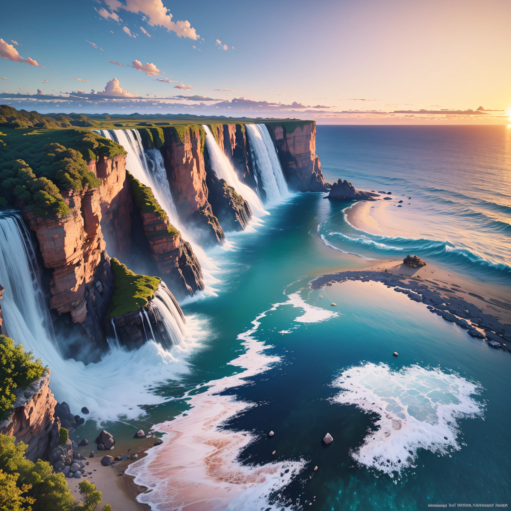 Create a breathtaking hyper-realistic and cinematic HD ray-traced seascape view. Capture the essence of a serene coastal scene with crystal-clear turquoise waters gently lapping against golden sandy shores. Include a majestic sunset painting the sky with vibrant hues of orange, pink, and purple, casting a warm and ethereal glow across the entire landscape. The composition should feature a rugged cliffside on one side, adorned with lush greenery and cascading waterfalls that merge seamlessly with the ocean below. The image should evoke a sense of tranquility and awe-inspiring beauty. Use advanced ray-tracing techniques to render lifelike reflections and refractions in the water, emphasizing the realism of the scene. Set the camera at a low angle to accentuate the grandeur of the surroundings, and employ dynamic lighting to enhance the depth and drama of the image. The final result should be a masterpiece that transports viewers to a world of sublime natural wonder. --auto --s2