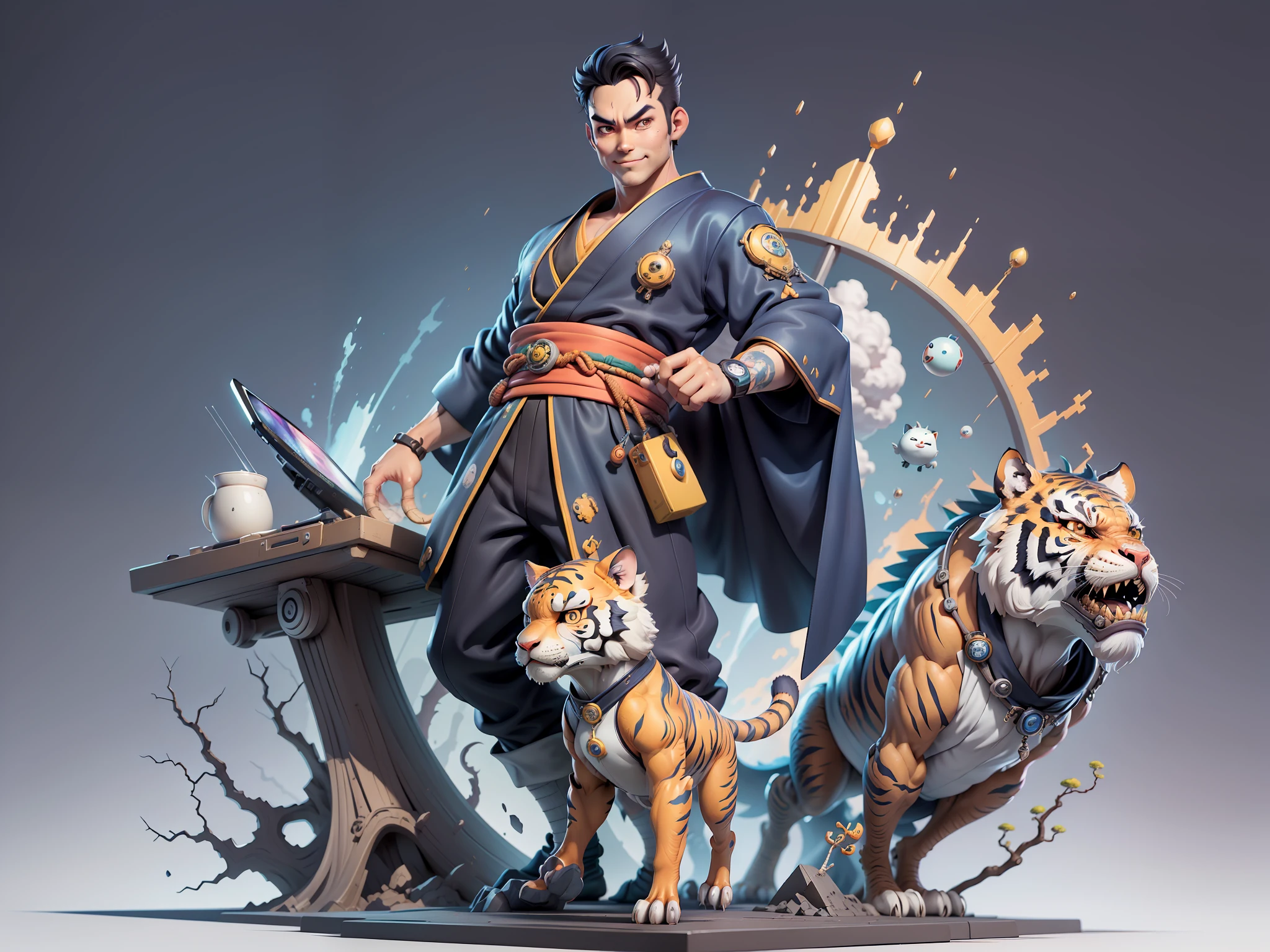 (Masterpiece), (Excellent), (Super Meticulous), (Full Body: 1.2), Super Young Man, Oriental Face, Japanese Kimono, Japanese Wind Thunder God, Dragon, Tiger, TV Anchor, Bust Portrait Illustration, Alone, Black Suit, Blue Tie, Slightly Chubby Face, Very Clean Face, No Beard, Black Super Short Hair, Black Eyes, Confident Smile, 3c Computer Sub-Products, iPad, iPhone, Digital Painting, 3D Character Design by Akira Toriyama and Mark Claireden and Pixar and Hayao Miyazaki, The illustration is a high-definition illustration in 4K resolution with very detailed facial features and cartoon-style visuals.