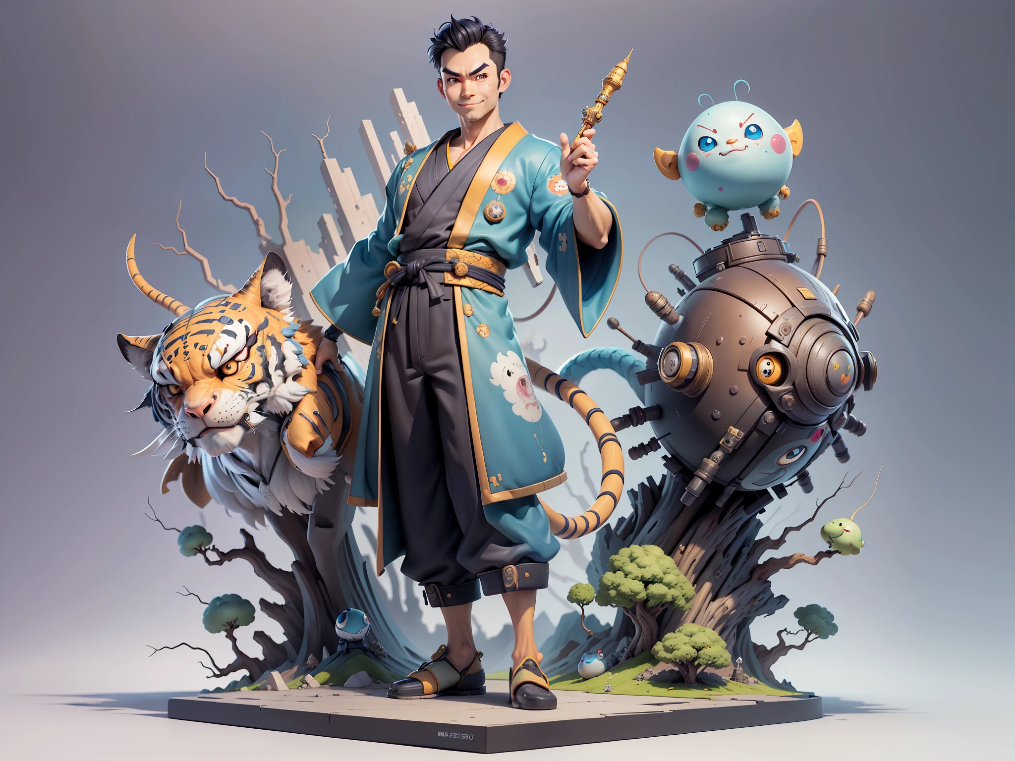 (Masterpiece), (Excellent), (Super Meticulous), (Full Body: 1.2), Super Young Man, Oriental Face, Japanese Kimono, Japanese Wind Thunder God, Dragon, Tiger, TV Anchor, Bust Portrait Illustration, Alone, Black Suit, Blue Tie, Slightly Chubby Face, Very Clean Face, No Beard, Black Super Short Hair, Black Eyes, Confident Smile, 3c Computer Sub-Products, iPad, iPhone, Digital Painting, 3D Character Design by Akira Toriyama and Mark Claireden and Pixar and Hayao Miyazaki, The illustration is a high-definition illustration in 4K resolution with very detailed facial features and cartoon-style visuals.