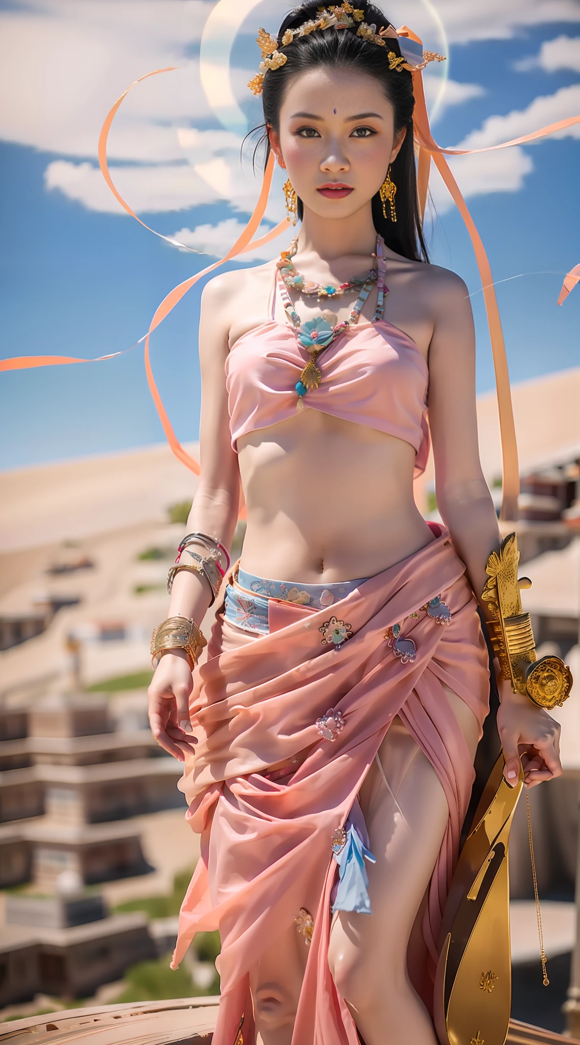 Light pink and light sky blue style, (masterpiece), (best image quality: 1.5), super high resolution, original photos, detailed skins, beautiful lighting, (realistic, realistic: 1.4), 1girl, Dunhuang, full body, blue sky, white clouds, (dunhuang_cloths:0.6)